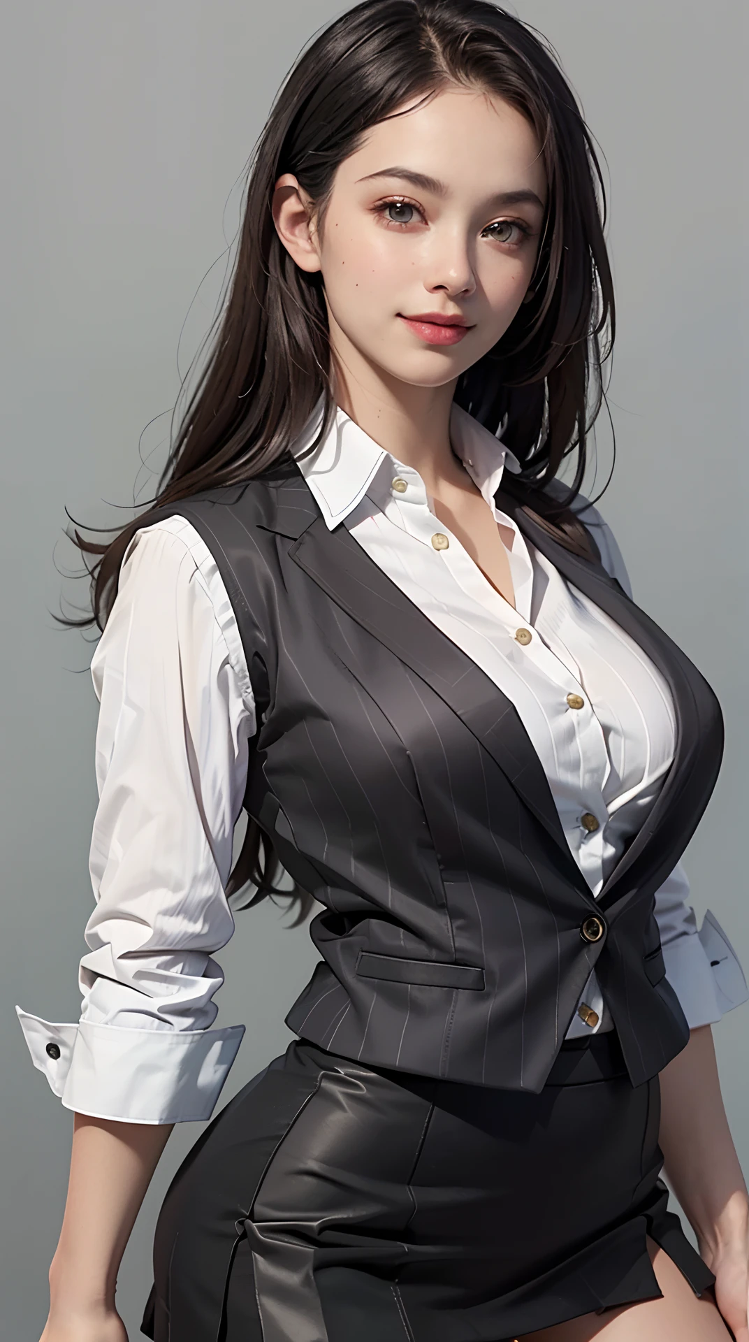 (best quality, 4k, 8k, high-res, masterpiece:1.2), ultra-detailed, (realistic, photorealistic, photo-realistic:1.37), (beautiful detailed eyes, beautiful detailed lips, extremely detailed eyes and face), studio lighting, physically-based rendering, vivid colors, (big tits, super big tits, super extra big tits), ((waist)), (black color, business tight mini skirt suit, slit, business shirt, striped pattern vest:1.5), (portrait, smile and laugh), (simple background:1.5),