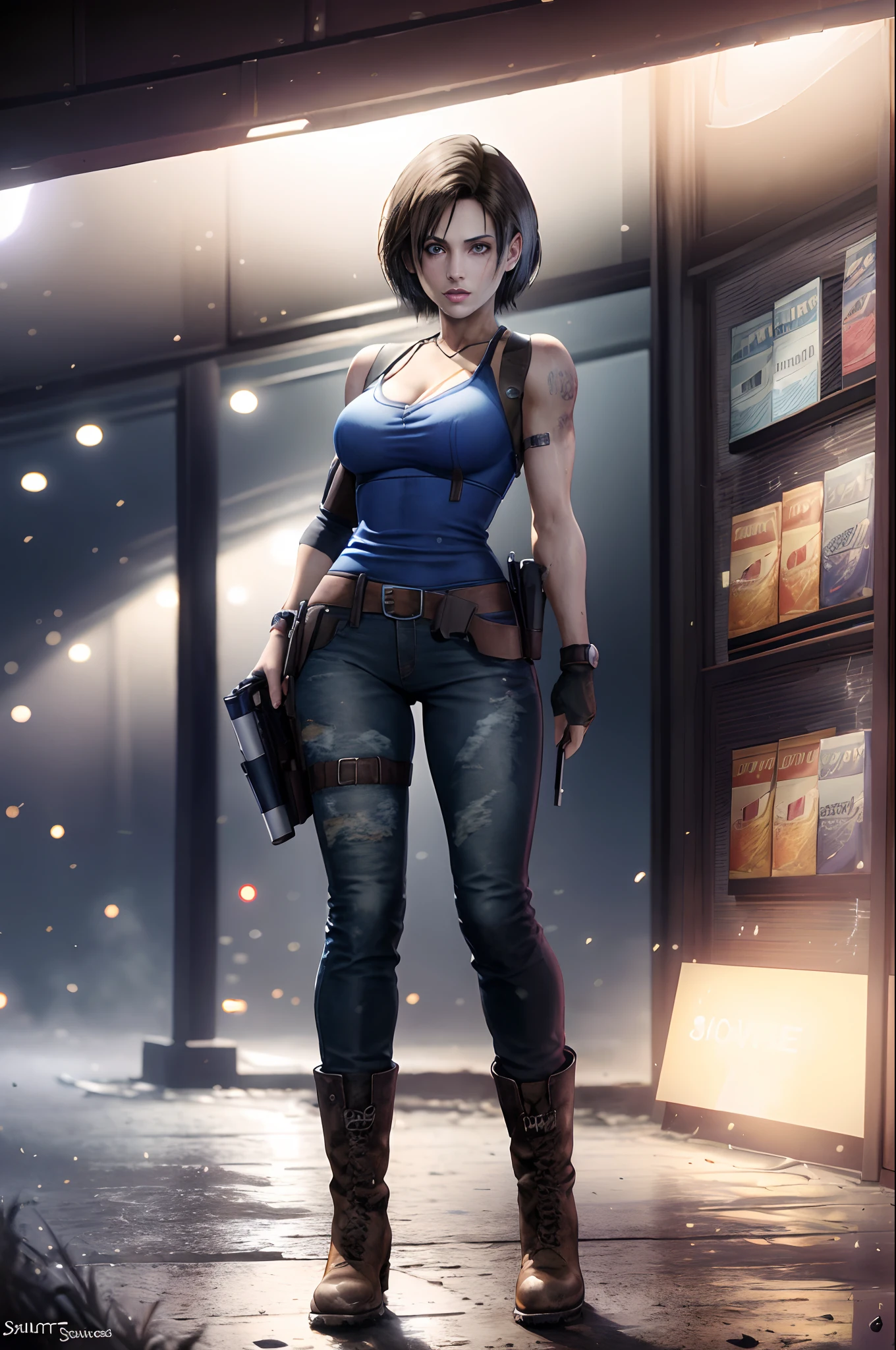 Cowboy shot of jill valentine, short hair, blue top, mini skrit, full body view, resident evil,  zombie apocalypse background