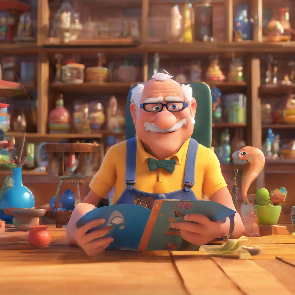 Crie um cartaz inspirado na Disney Pixar com o personagem sendo o deputado Keniston Braga, A white-haired man wearing glasses, the scene will be in Pixar's distinctive digital art style. Focus on character expressions, Vibrant colors and detailed textures present your animations, with the title " Keniston Braga no meio, Quero a cena dos principais filmes do PIXar