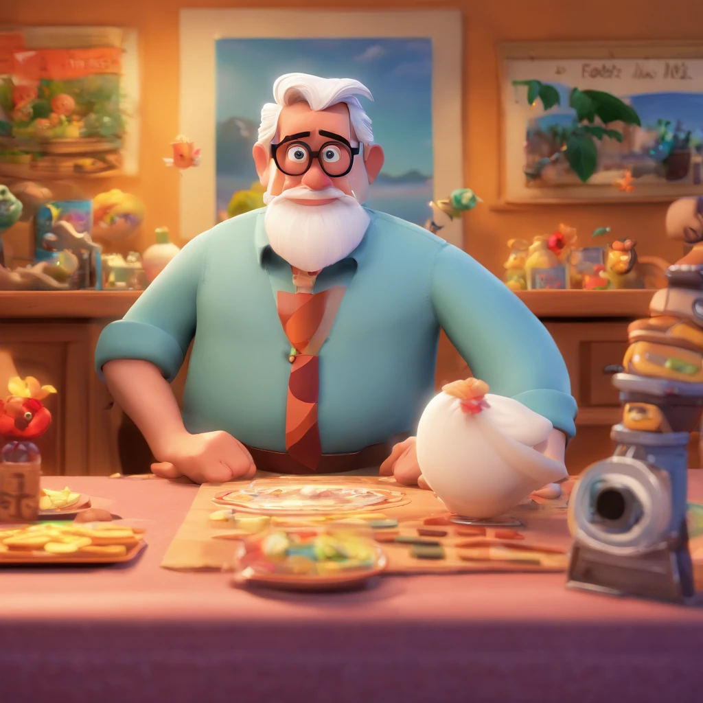 Crie um cartaz inspirado na Disney Pixar com o personagem sendo o deputado Keniston Braga, A white-haired man wearing glasses, the scene will be in Pixar's distinctive digital art style. Focus on character expressions, Vibrant colors and detailed textures present your animations, with the title " Keniston Braga no meio, Quero a cena dos principais filmes do PIXar