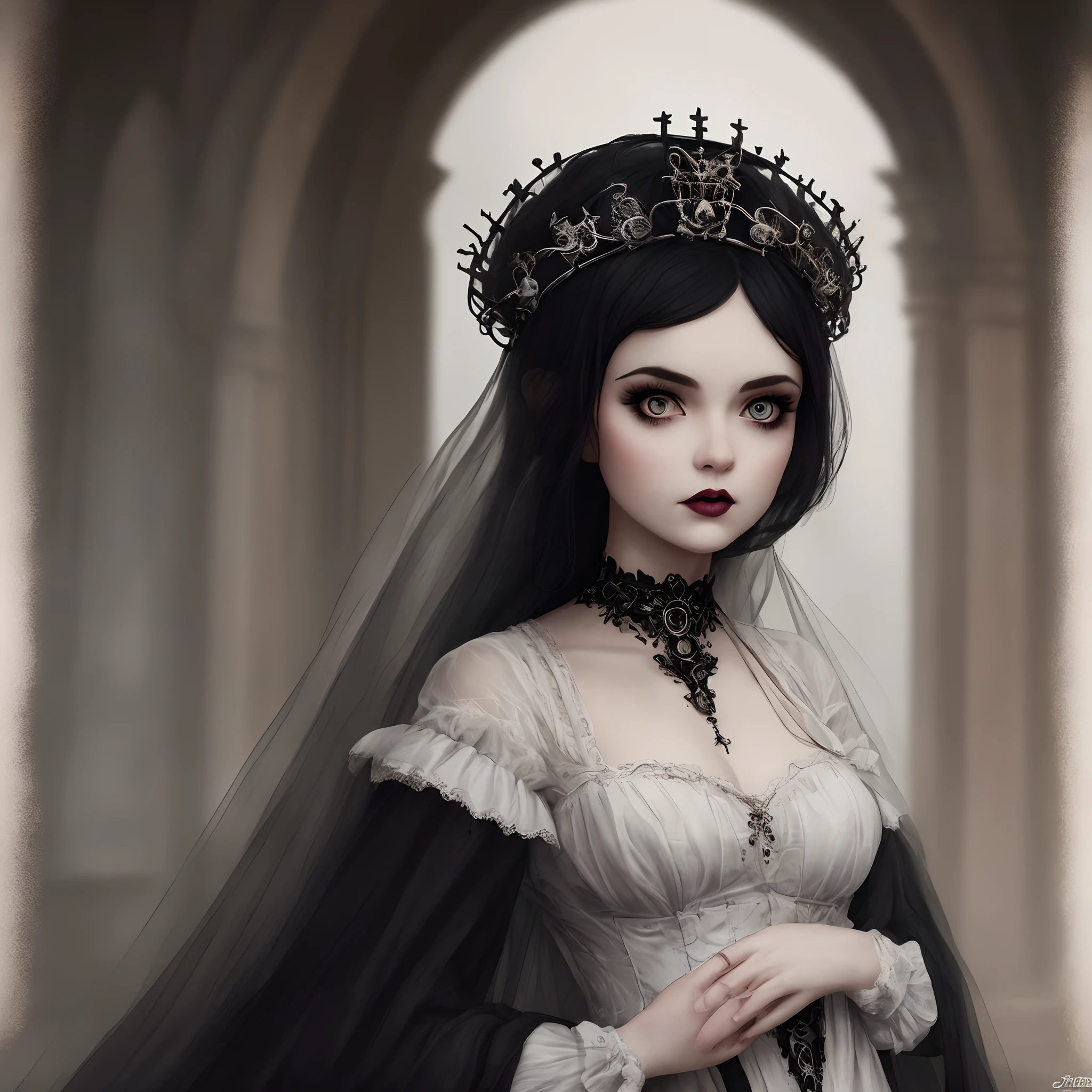 Create a pixar-style image of a woman in gothic style as if she were a queen of darkness