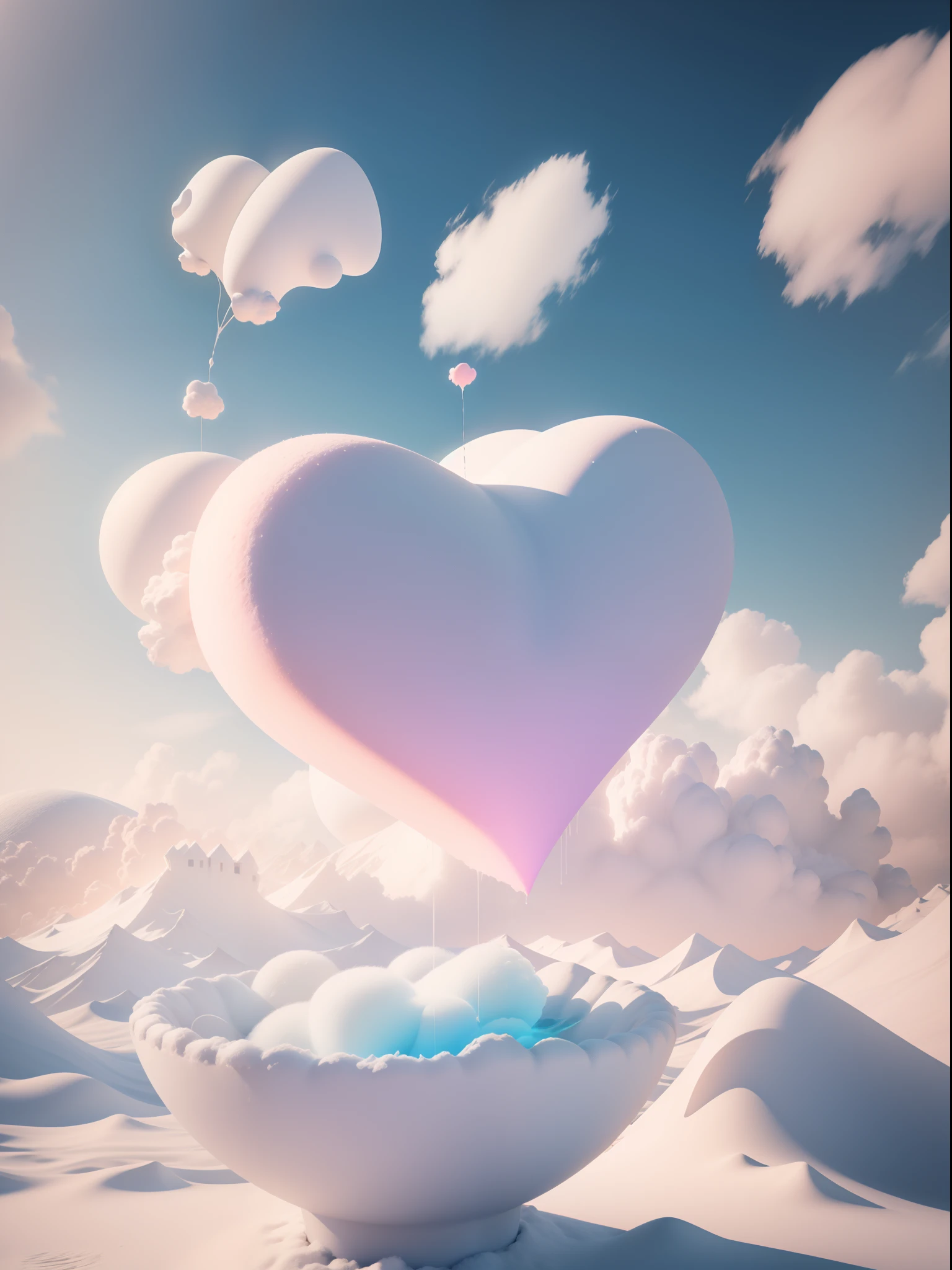 Blue sky and white clouds, pink snow scene, at the end of the curved road, a large two-color heart-shaped cloud, the outer layer is white cloud, the inner heart is pink, super high definition, real shot