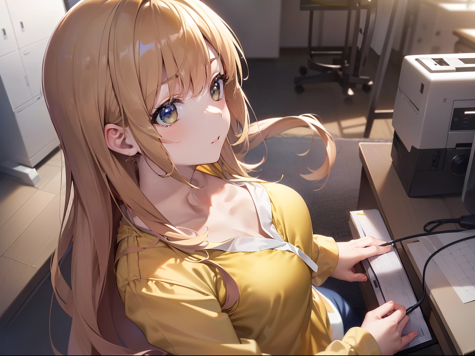 ((Finest quality)),(超A high resolution),(ultra-detailliert),((Best Anime)),sharpnes,clear,cinematic,modern:1.2, lab room,:1.2, ((adult  woman), (Tight light yellow blouse:1.2,Manteau blanc:1.3),(brown hair gathered at the back of the head,),