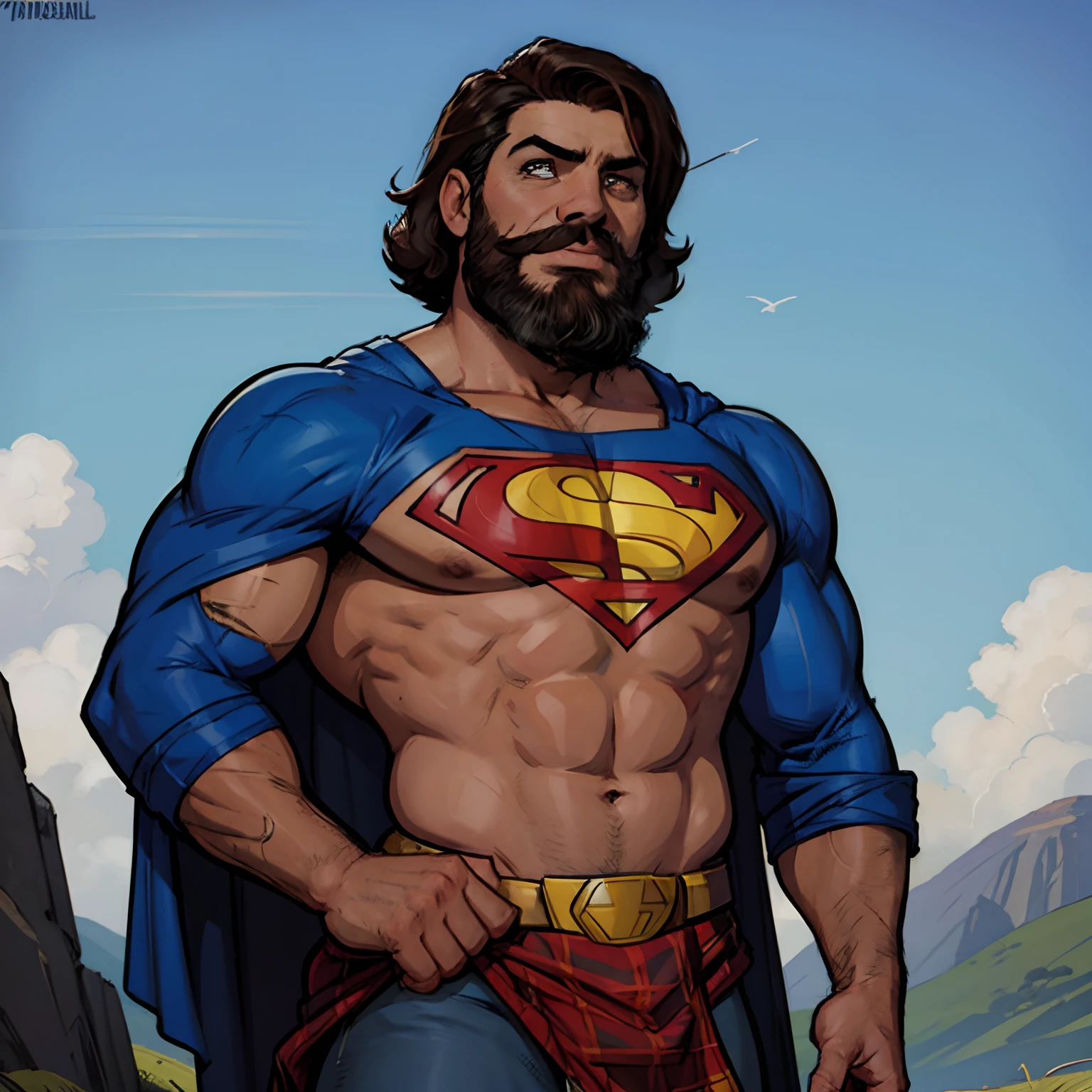 um desenho animado de um homem voando pelo ar com uma capa, inspirado em Bickenbach, Bearded superhero, personagem de quadrinhos, Bob Ross dressed as a superhero, superhero from the boys tv show, inspirado em Brian Bolland, Gabe Newell como um Superman, capa de tartan, cel illustration, um personagem baseado em um haggis, cel limpo sombreado