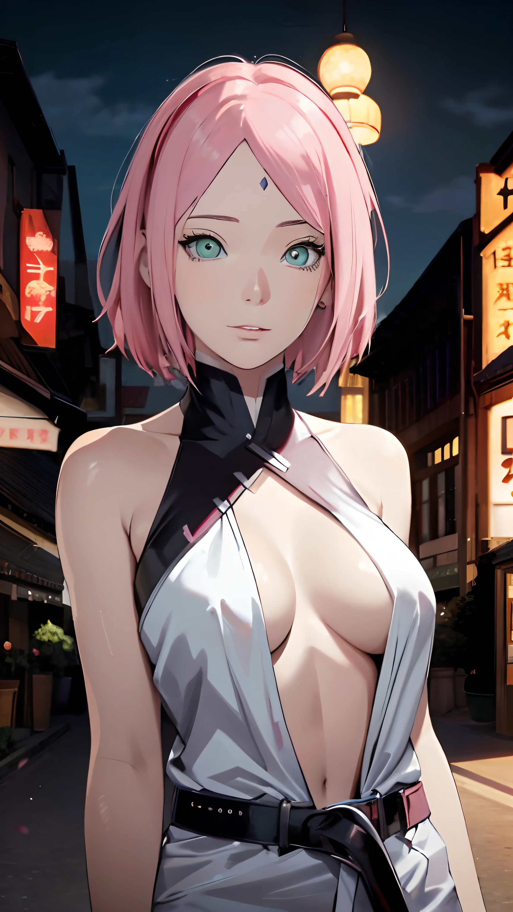 Top quality、Highest picture quality、Meisterwer, 1girls, Blick auf den Betrachter, kurzes Haar, green eyes, Rosa Haare, knallen, Sakura, Sakura_Haruno, nackte Schulter, side naked breasts, nippel