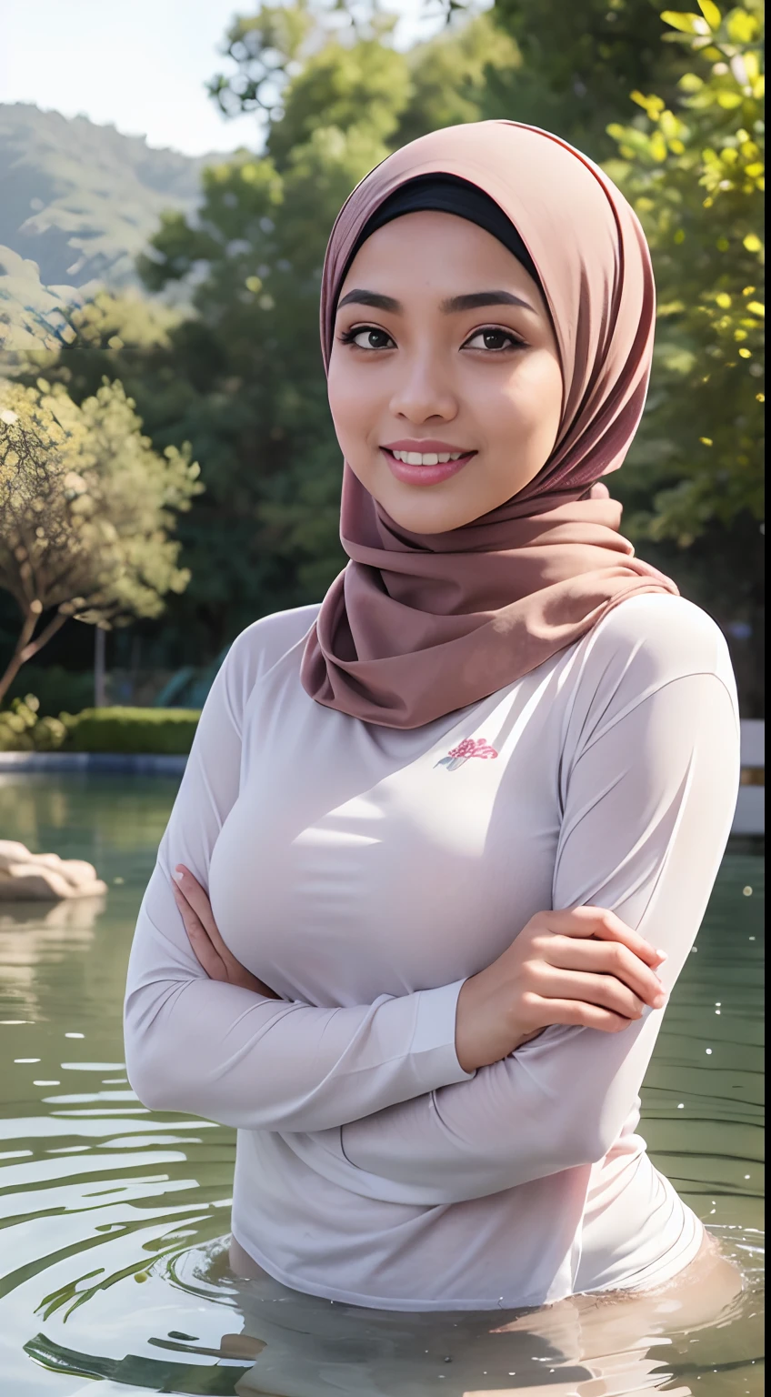 RAW, Best quality, high resolution, masterpiece: 1.3), beautiful Malay woman in hijab (iu:0.8),Best quality, high resolution, Masterpiece: 1.3, Beautiful  hijabi malay girl, Masterpiece, Soft smile,Beautiful Malay women wear pastel color hijab setting in water park , bright sunshine, hiking clothes, pullover, long pants, highres,4k,HDR,1girl, photorealistic, realistic,sweat skin, wet clothes, wet body, big breast, ((full body))soaked, dripping, smiling at viewer, closeup