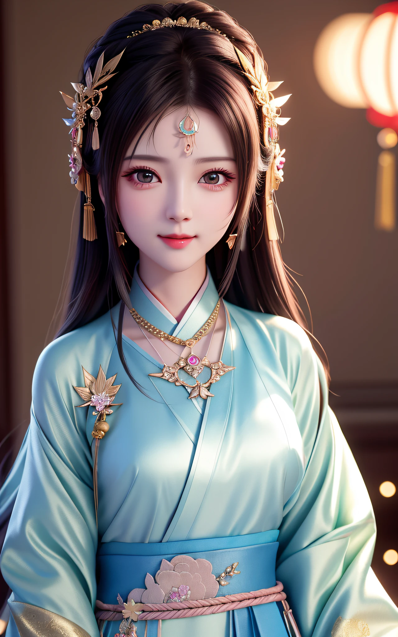 best quality, masterpiece, highres, 1girl,blush,(seductive smile:0.8),star-shaped pupils,china hanfu,hair ornament,necklace, jewelry,Beautiful face,upon_body, tyndall effect,photorealistic, dark studio, rim lighting, two tone lighting,(high detailed skin:1.2), 8k uhd, dslr, soft lighting, high quality, volumetric lighting, candid, Photograph, high resolution, 4k, 8k, Bokeh