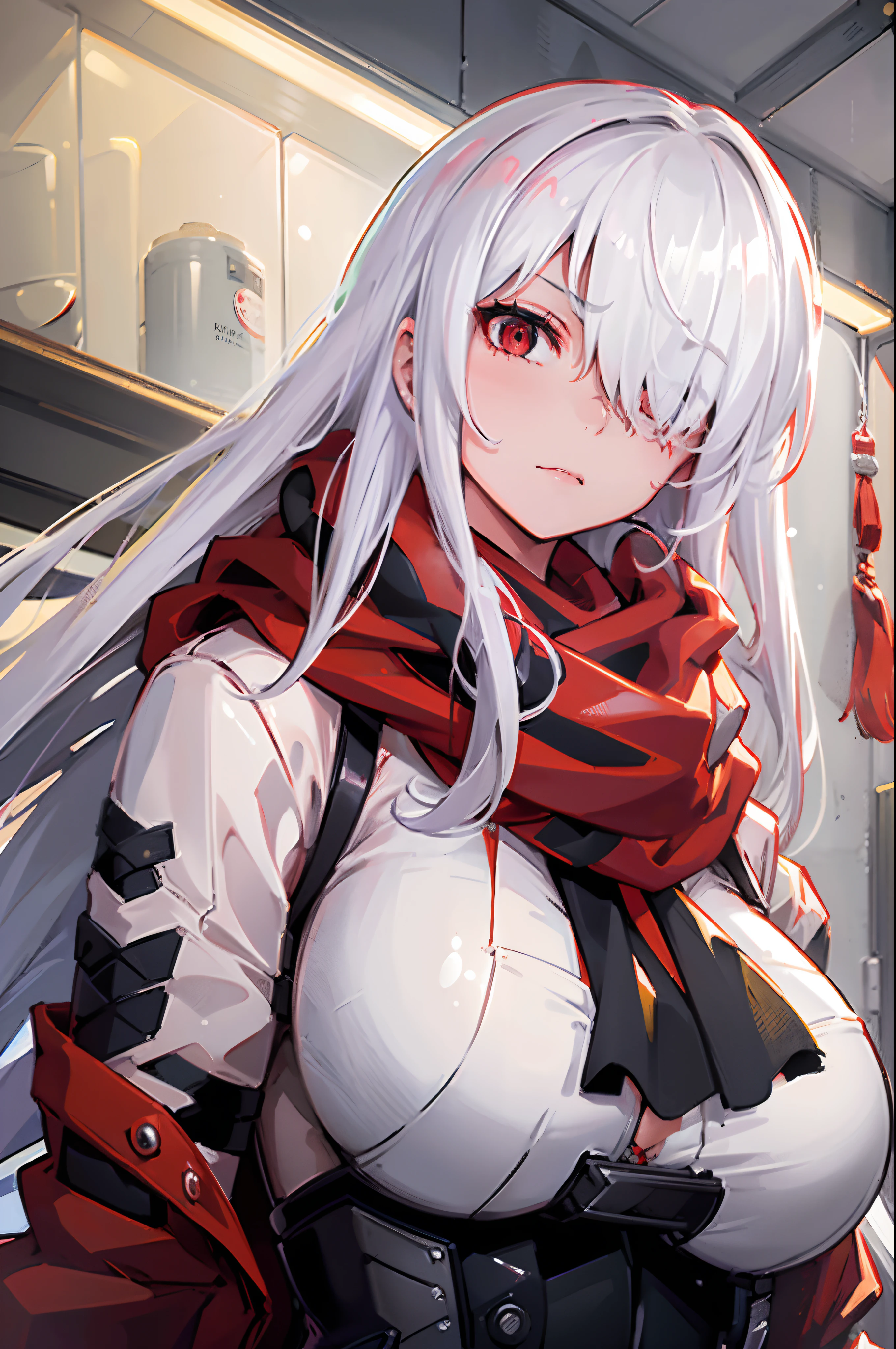 ((Best quality)), 1girl, white hair, red coat, large breasts, red eyes, long hair, hair over one eye, red scarf, indoors, close up,