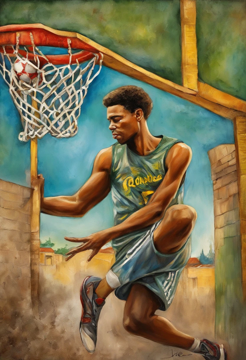 (best quality,ultra-detalhado,Realistic:1.37),Noite estrelada por van gogh, adolescente brasileiro em uma quadra de basquete lotada, vestindo roupas urbanas, brasil, niggas, segurando o sol como um basquete e bola! Shooting the ball through the hoop, raios solares, cidade brasileira, cores do brasil