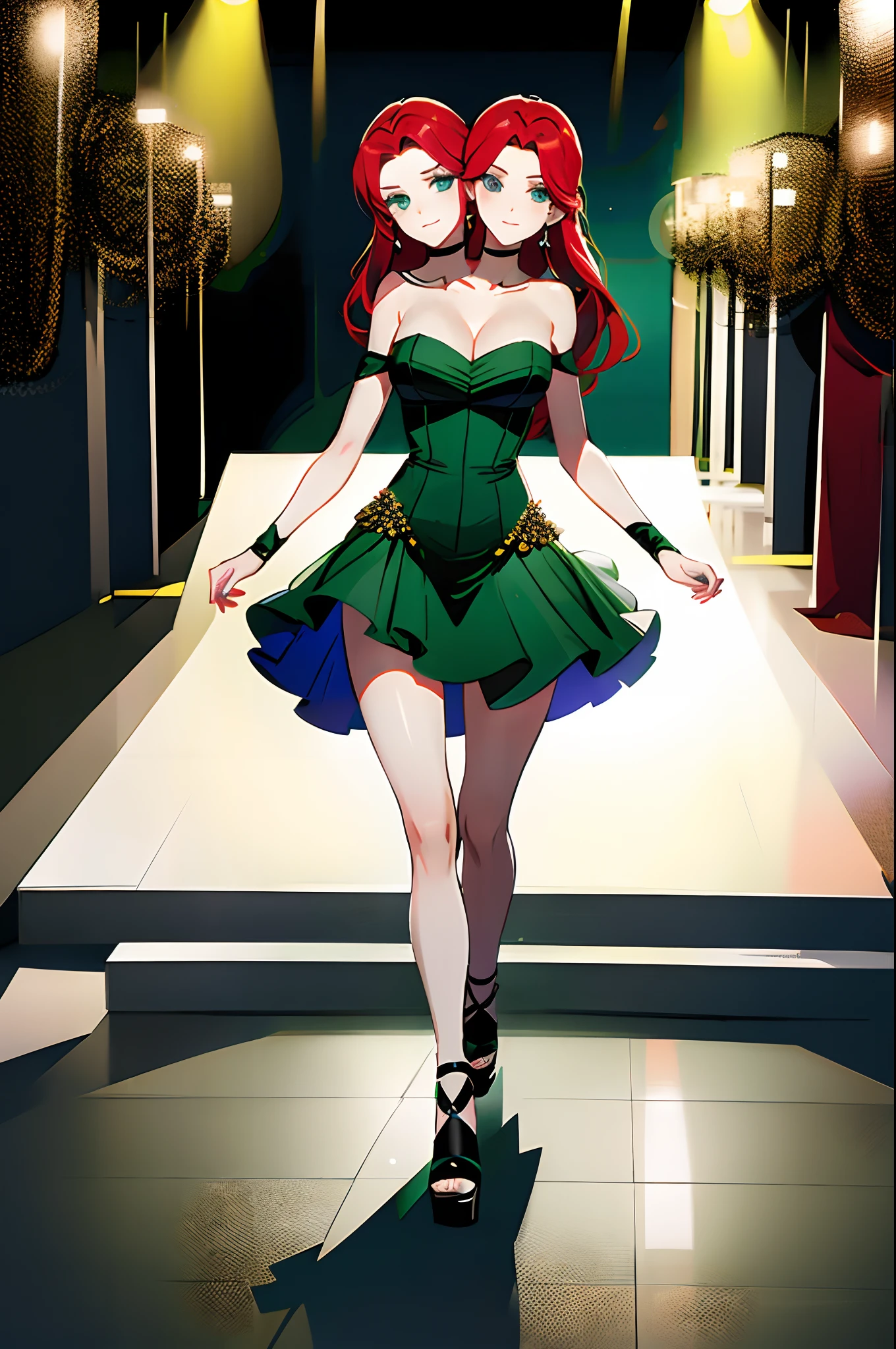 (2heads:1.5), 1girl, model, red hair, green eyes, designer dress, walking down the catwalk, trendy fashion show, dynamic angle