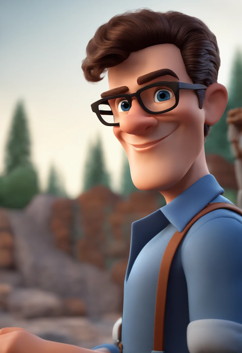 Cartoon character of a man with black glasses and a blue shirt, animation character, Caractere estilizado, animation style rendering, 3D estilizado, Arnold Maya render, 3 d render stylized, toon render keyshot, Personagem 3D, Personagem 3D, 3d rendering stylized, 3 d character render, personagem de desenho animado, Personagem de close up, Pose de personagem, (Estilo Pixar) (master part:1.2) (Bokeh) (best quality) (pele detalhada) (textura detalhada) (8k) (argila) (Cinematic lighting) (foco nítido