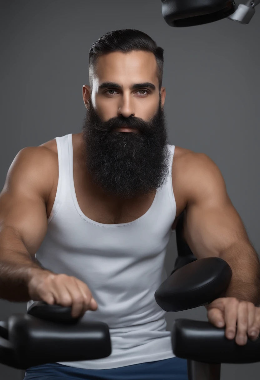 (La meilleure qualité,8K,Realistic),Bel homme,Barbe de Conpequena,homme chauvin,Yeux de Maron,cheveux bruns,bons muscles,no shirt in electric wheelchair