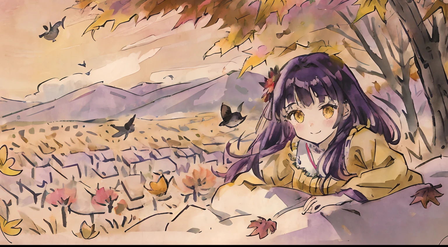 girl with,purple color hair,Yellow eyes,Fluffy dresses,Autumn outfit,Autumn landscape,Colored leaves,Dress Sex,flower field,full of sunlight,Upper Eyes,Smile while blushing,Closer to the right,Several small birds are flying