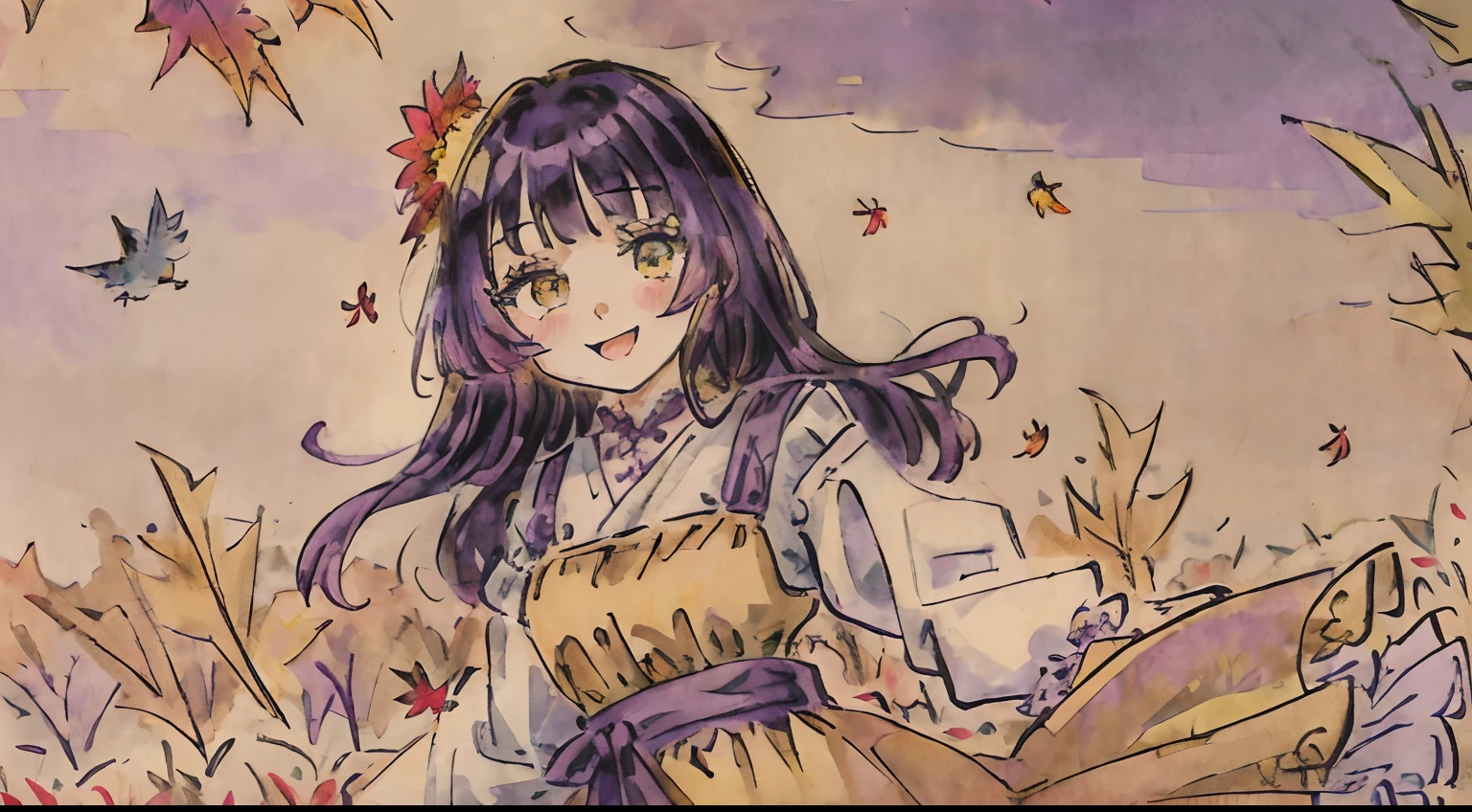 girl with,purple color  hair,Yellow eyes,Fluffy dresses,Autumn outfit,Autumn landscape,Colored leaves,Dress Sex,flower  field,full of sunlight,Upper Eyes,Smile while blushing,Closer to the right,Several small birds are flying