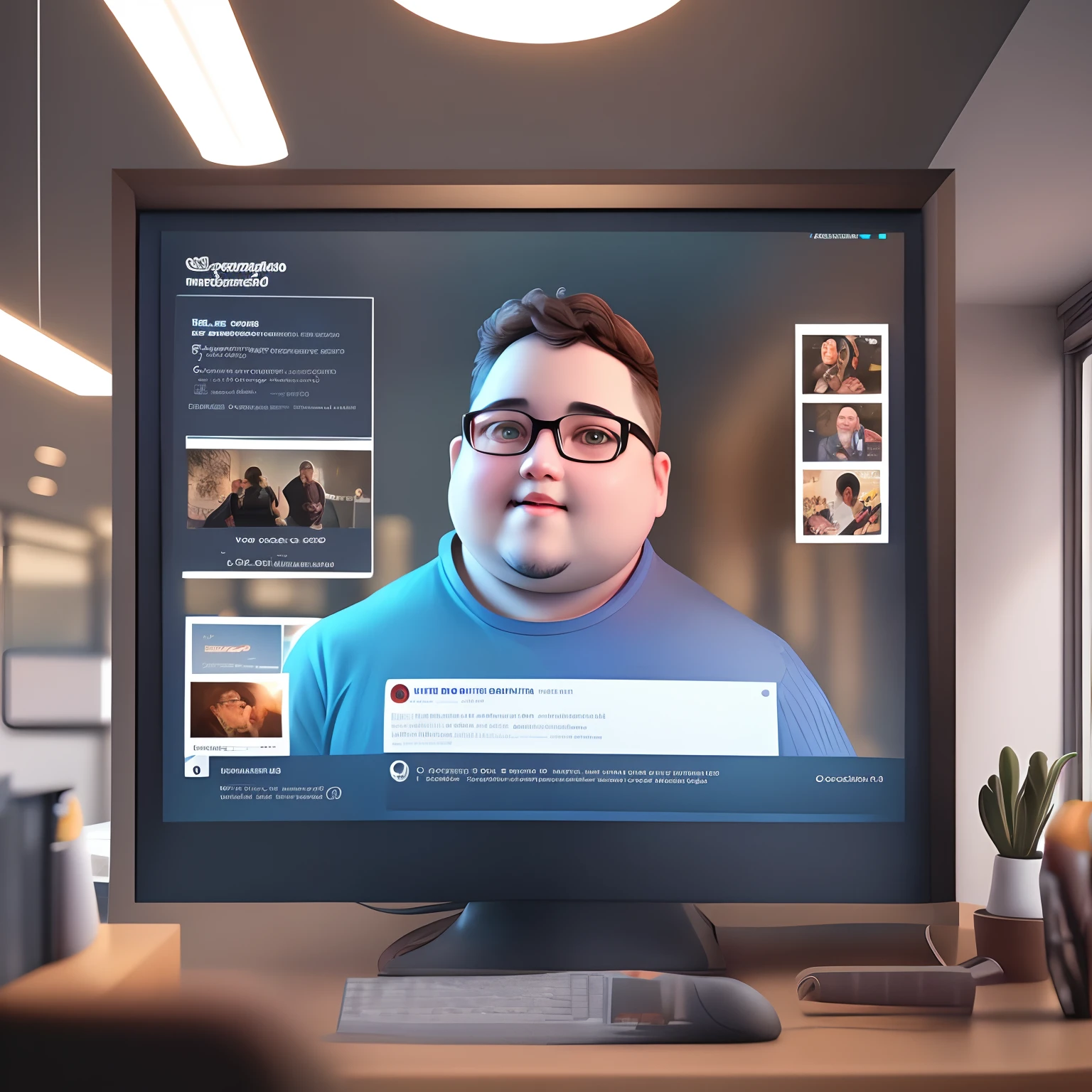 Disney Pixar-style poster of a social media professional with an average 40 years of goatee, glasses and a little chubby, uns 90kg e 1,70 de altura, cabelo curto, in a dynamic office environment. He's focused, looking at a holographic screen where social media icons move. The scenery is detailed and vibrant, with soft tones and magical lighting, Representing the interconnectedness of the digital world.
