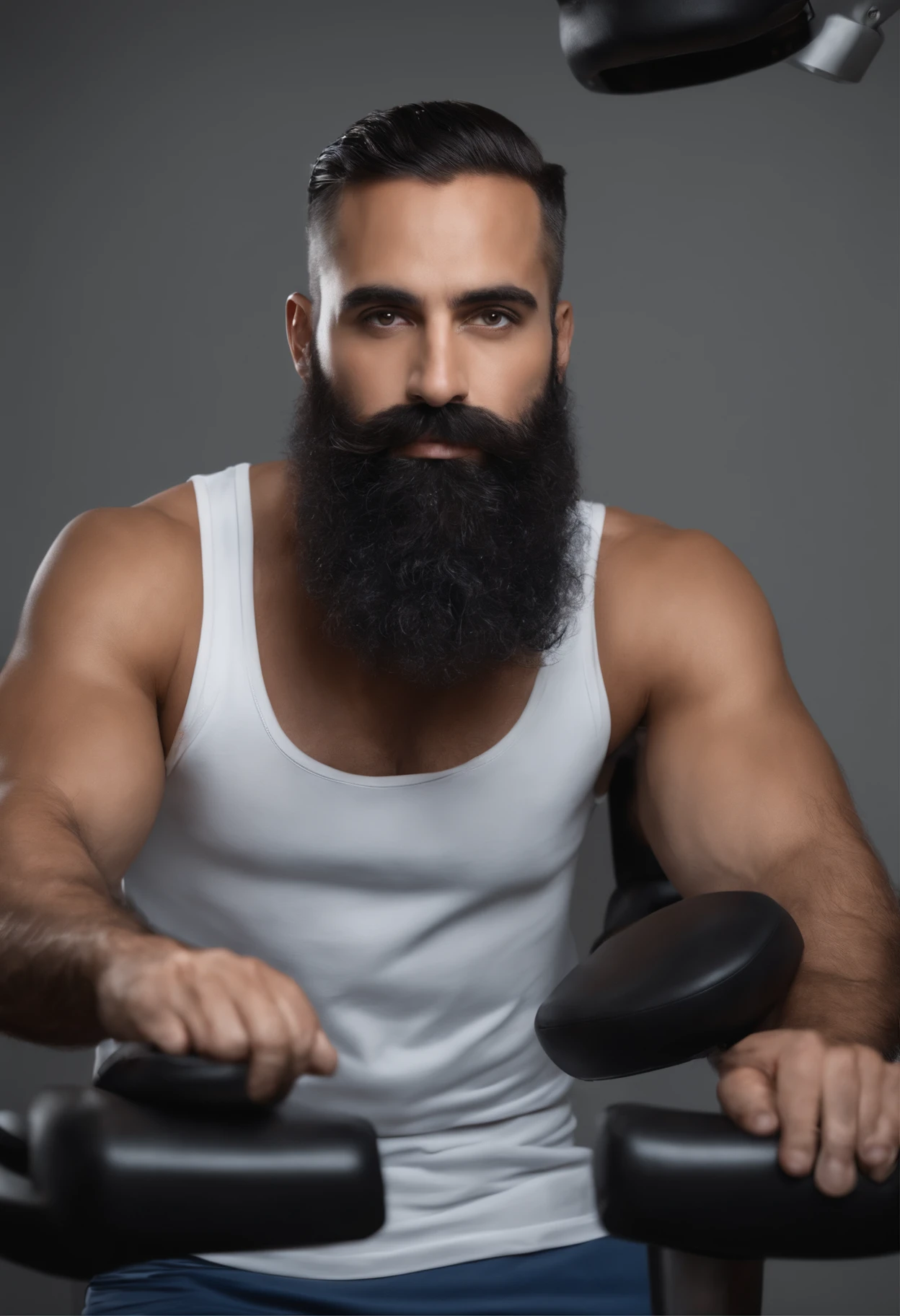 Create a physical therapist in your office, cabelos pretos e barba pequena, olhos castanhos claros. Rosto fino