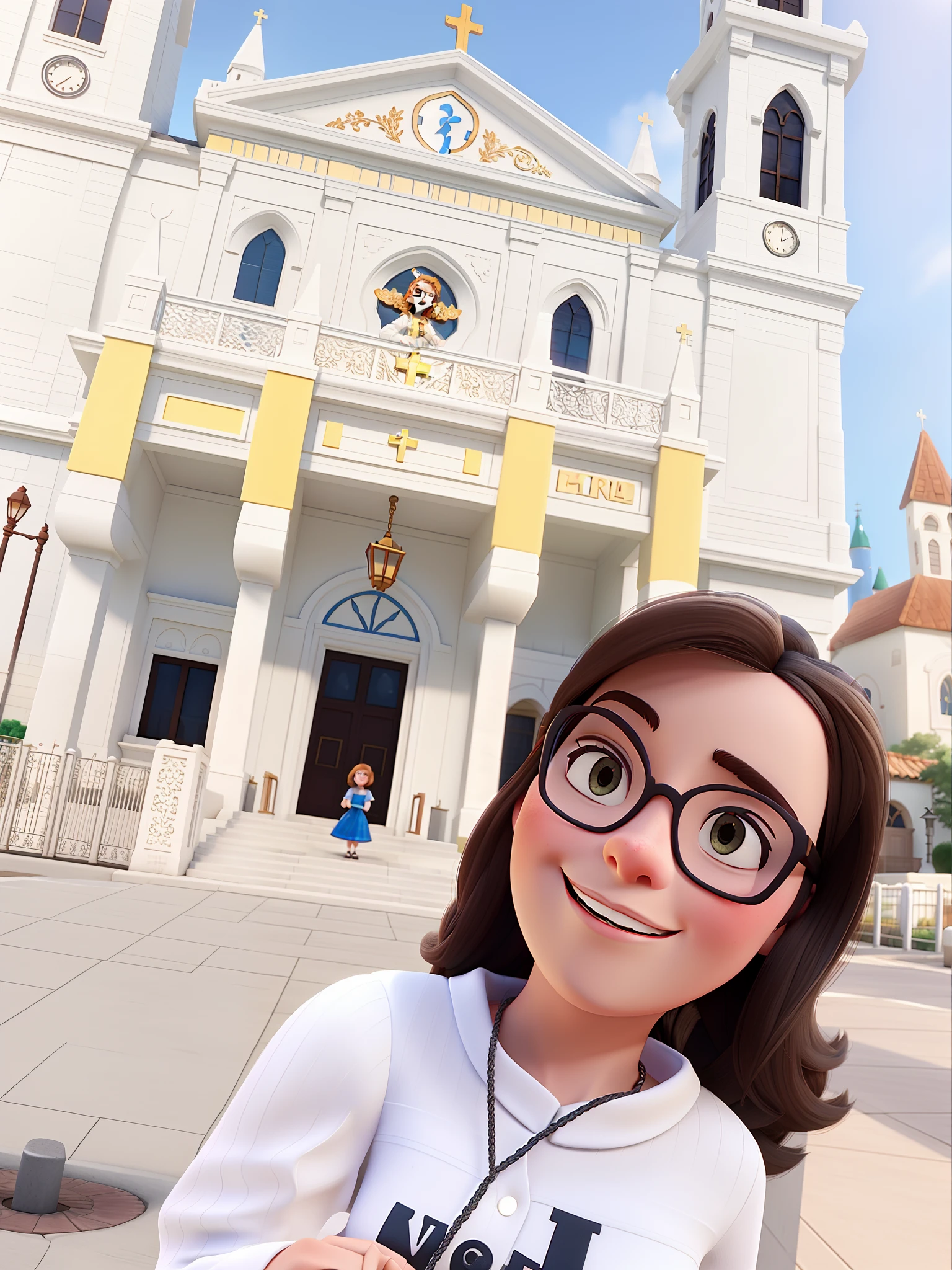 White woman with glasses in front of a church in Disney Pixar style with high quality