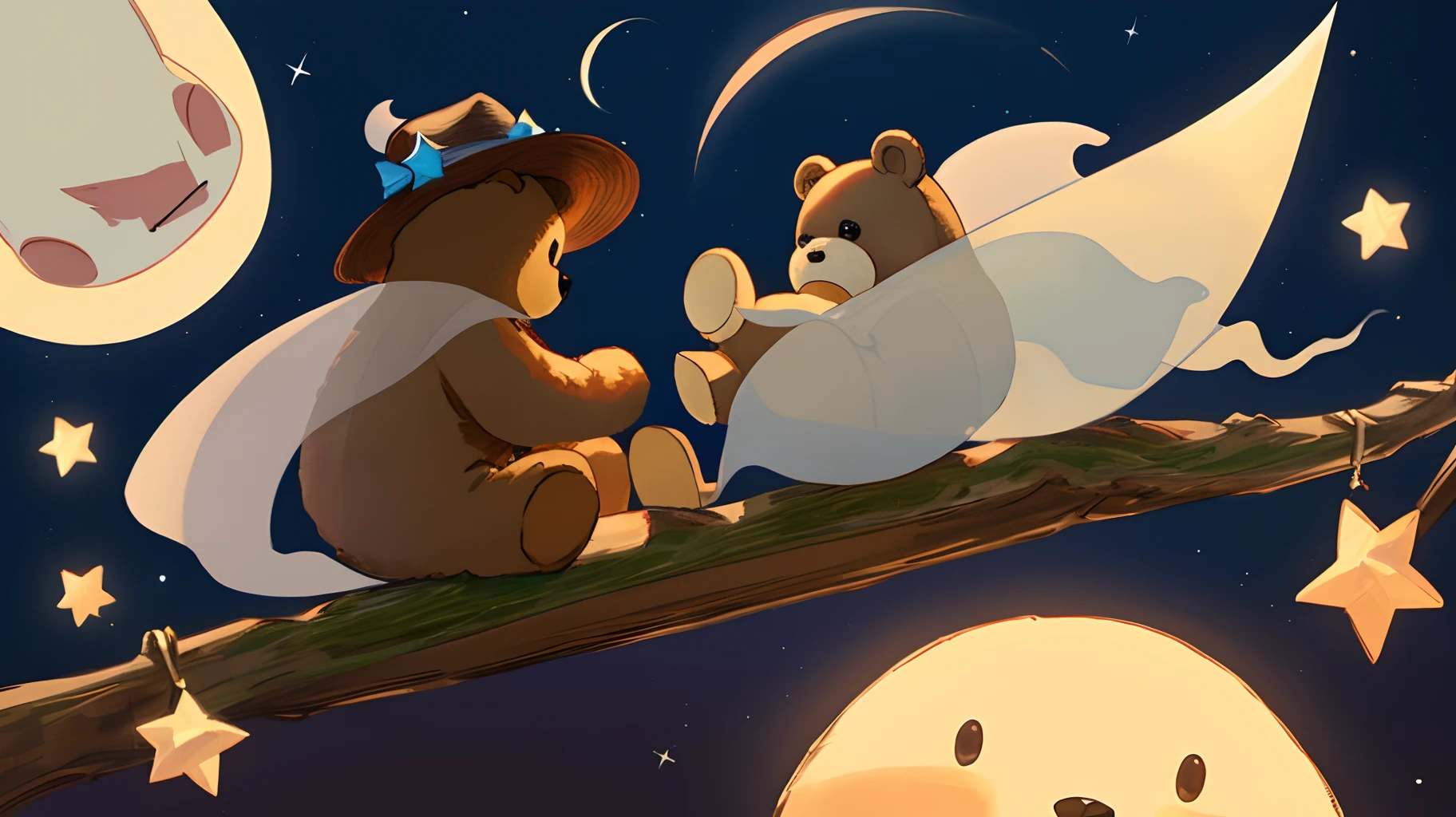 a crescent moon with a teddy bear sitting on it and a ghost holding a star with a brim hat on next to the teddy bear