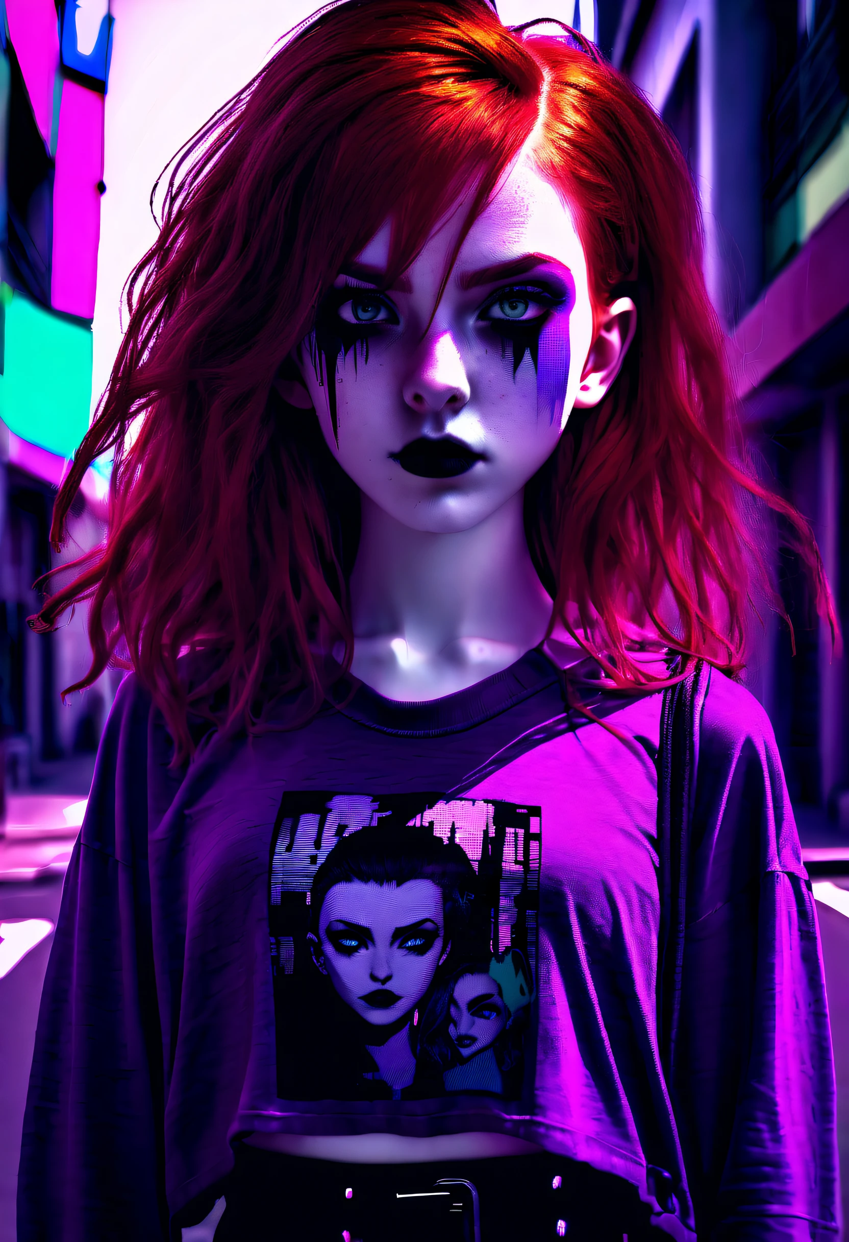 dark shot, city street, pastel goth, sexy goth girl, photo of cute 24 y.o redhead woman, cinematic shot, hard shadows, photorealistic, cute face, looking at viewer, glitched face effect, shattering skin effect, colorful outfit, witch purple clothes, glitched background effect