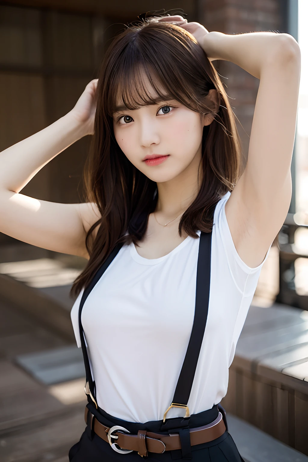 masterpiece、flat-colors、depth of fields、lens flare 1 girl、、Brown hair、watching at viewers a belt black suspenders large full breasts Armpit sweat perspiring Side of both hands walls: Black pants, Black jacket holster arm Leg holster arma Gaze Small face Bangs Upper Eyes flank