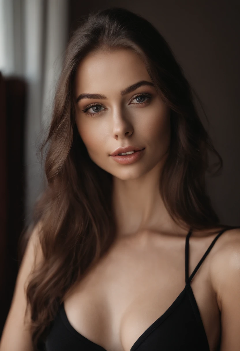 russian woman in a black bra top posing for a picture, 30 years old, sexy face, jaw dropping beauty, portrait sophie mudd, 21 years old, she is wearing a black tank top, jaw-dropping beauty, 2 , sexy gaze, 1 6 years oldot, sexy look at the camera, cleavage