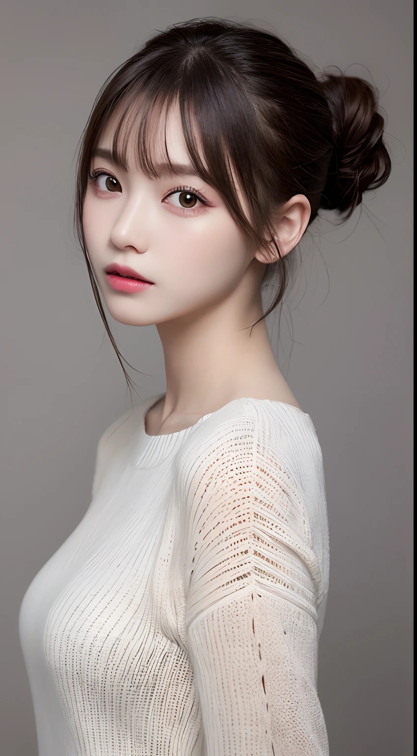 finely detail, hight resolution, hightquality、Perfect dynamic composition, Beautiful detailed eyes, Medium Hair, small tits、Natural Color Lip,Kamimei、Shibuya、20 years girl、1 persons、Transparent skin、Glowing hair、masutepiece, Best Quality, Illustration, Ultra-detailed, finely detail, hight resolution, 8K、The correct state of the human body、Randomly cute poses,Ponytail hair,beauty legs,Perfect beautiful face,KPOP Idol Face,Face that feels ecstasy,Pale light grey knitted dress,Background blur,Randomly dress up as a model for a women's fashion magazine