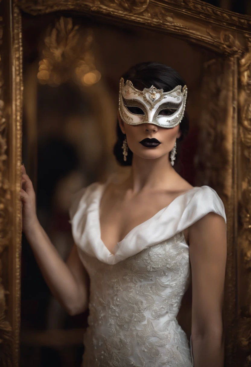 The girl is beautiful, with fair skin, long straight black hair, and is wearing a masquerade mask from a masquerade party. She is approximately 27 years old and is Argentine. The raw, unfiltered picture shows a cute, fit girl with long, straight black hair. She has fair (white) skin, a pronounced bust, and no piercings, no tattoos. She is wearing clothes and a masquerade in all the photos. The model plays the role of a chic art enthusiast, wearing high-fashion attire while touring an imaginary art gallery filled with absurd and humorous artwork, creating a humorous juxtaposition between style and art. She wears a beautiful masquerda
