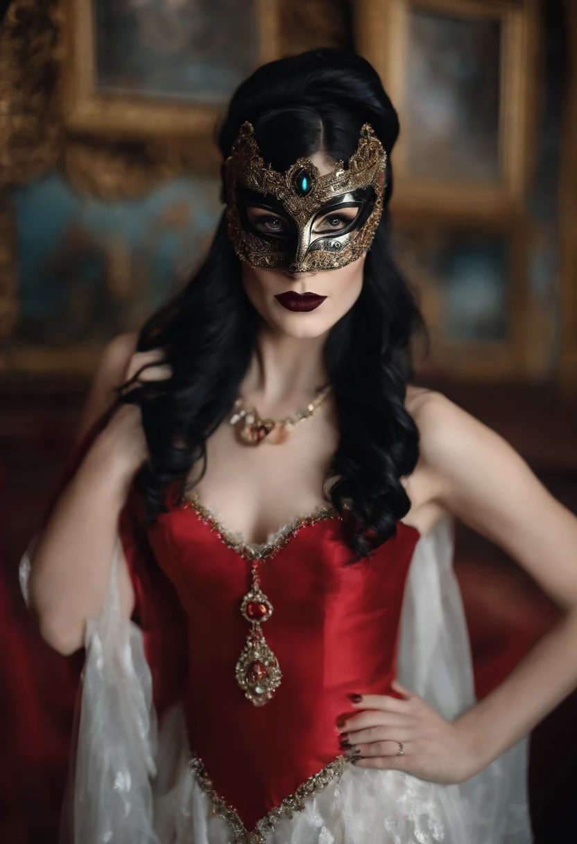 The girl is beautiful, with fair skin, long straight black hair, and is wearing a masquerade mask from a masquerade party. She is approximately 27 years old and is Argentine. The raw, unfiltered picture shows a cute, fit girl with long, straight black hair. She has fair (white) skin, a pronounced bust, and no piercings, no tattoos. She is wearing clothes and a masquerade in all the photos. The model plays the role of a chic art enthusiast, wearing high-fashion attire while touring an imaginary art gallery filled with absurd and humorous artwork, creating a humorous juxtaposition between style and art. She wears a beautiful masquerda