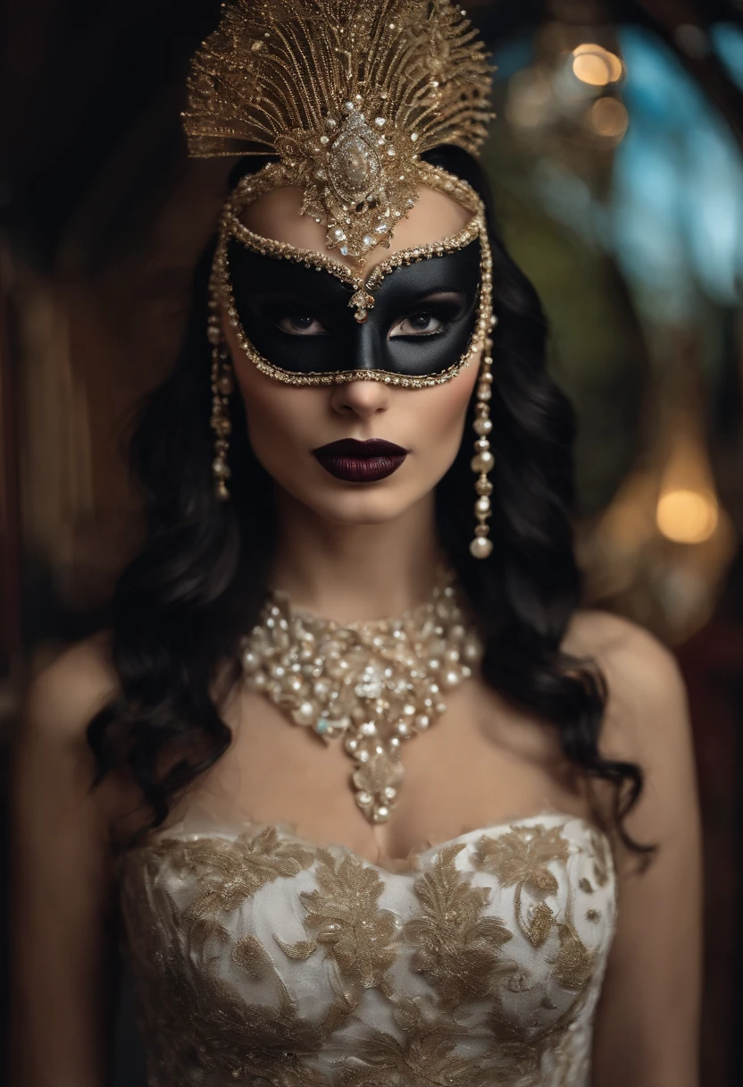The girl is beautiful, with fair skin, long straight black hair, and is wearing a masquerade mask from a masquerade party. She is approximately 27 years old and is Argentine. The raw, unfiltered picture shows a cute, fit girl with long, straight black hair. She has fair (white) skin, a pronounced bust, and no piercings, no tattoos. She is wearing clothes and a masquerade in all the photos. The model plays the role of a chic art enthusiast, wearing high-fashion attire while touring an imaginary art gallery filled with absurd and humorous artwork, creating a humorous juxtaposition between style and art. She wears a beautiful masquerda