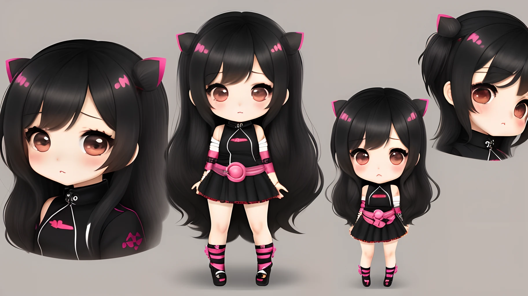 1girl in,(Chibi:1.2),kawaii,Black hair,full body Esbian