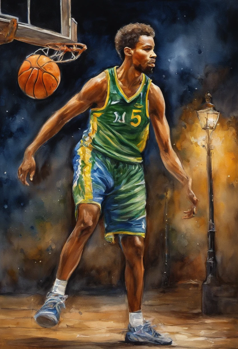 (best quality,ultra-detalhado,Realistic:1.37),Noite estrelada por van gogh, adolescente brasileiro em uma quadra de basquete lotada, vestindo roupas urbanas, brasil, , segurando o sol como um basquete e bola! Shooting the ball through the hoop, raios solares, cidade brasileira, cores do brasil