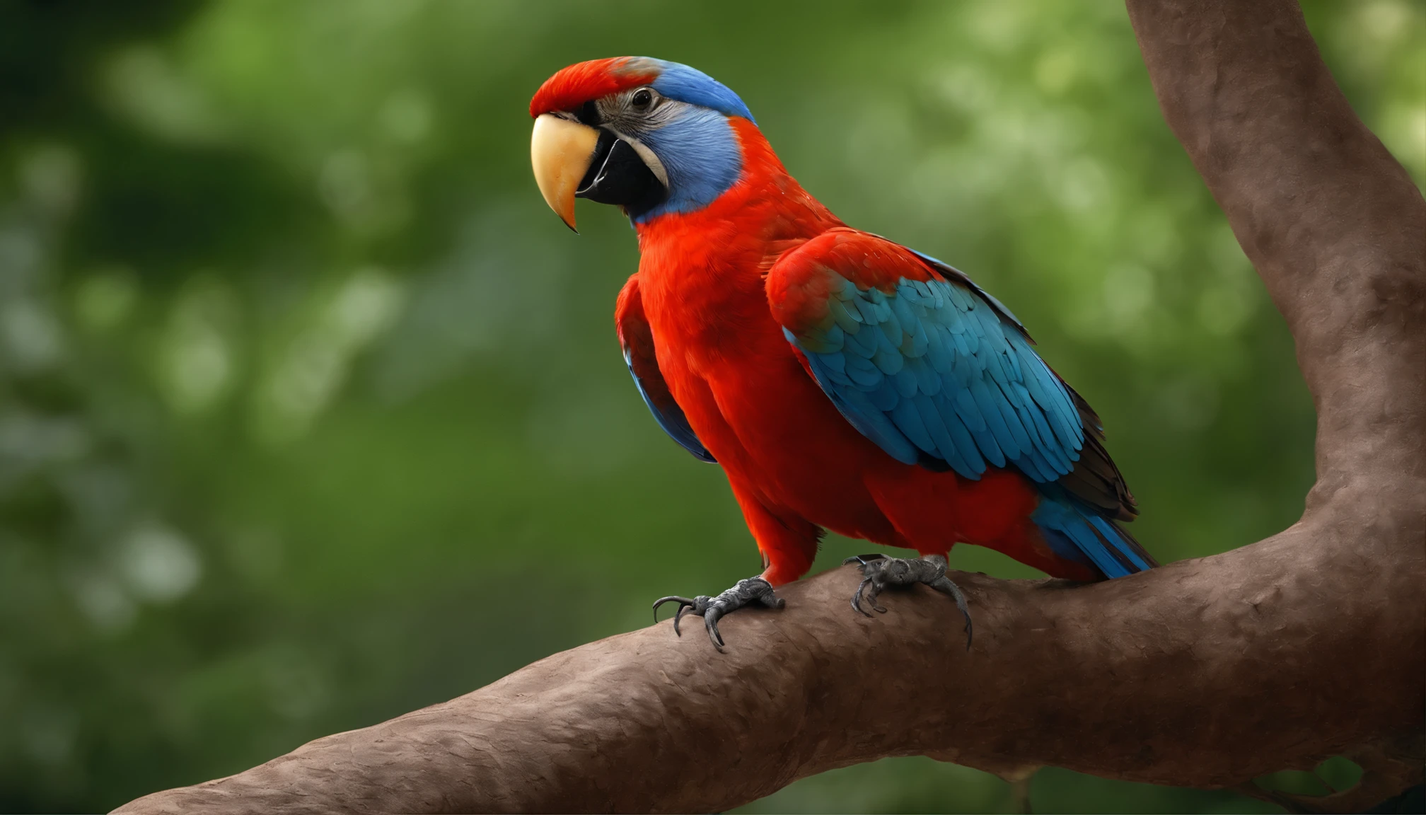 un guacamayo totalmente azul intenso que este en un arbol sea el protagonista principal Renderizado realista natural, fotorrealista altamente detallado, render fotorrealista, Arte conceptual fotorrealista, Render hiper real, Renderizado 3D realista rojo, Aves f CGsociety, Imagen fotorrealista, fotorrealista altamente detallado, Renderizado detallado hiperrealista, Imagen detallada fotorrealista, Red bird, super detailed render, Renderizado de alta calidad