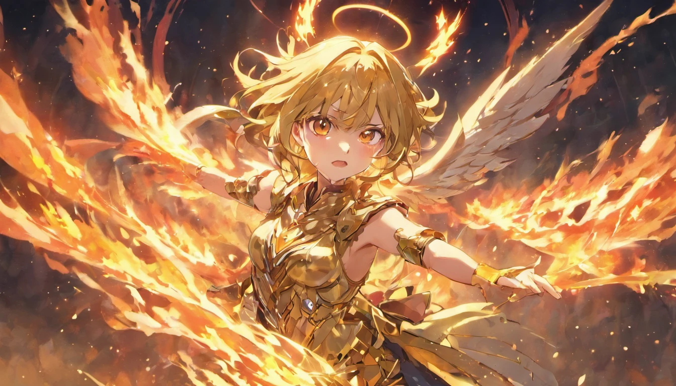 ((The Justice angel)),(take flame blade which reflect the dizzle light),burnning up in fire,equiped with golden armer,((eyes shinning gold beam)),background in holy beaming from the heaven,((illustration style)),official art,epic storry