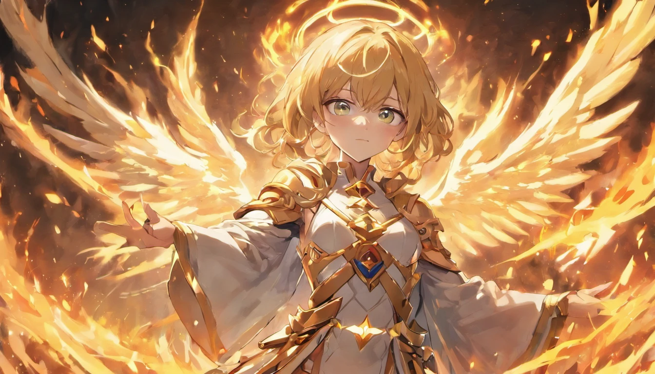 ((The Justice angel)),(take flame blade which reflect the dizzle light),burnning up in fire,equiped with golden armer,((eyes shinning gold beam)),background in holy beaming from the heaven,((illustration style)),official art,epic storry