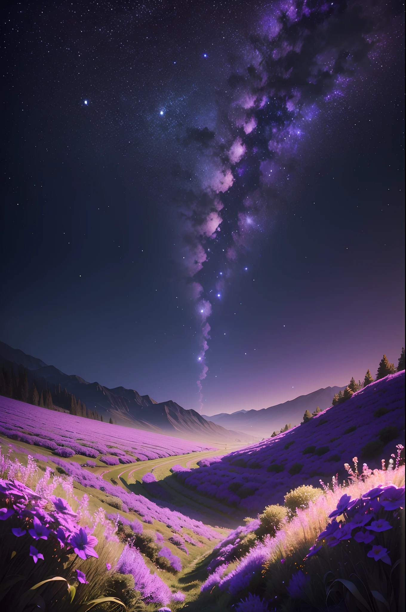 A beautiful darkish night,sky filled with stars, beautiful purple colour flower field,landscape, ultra realistic 8k quality,