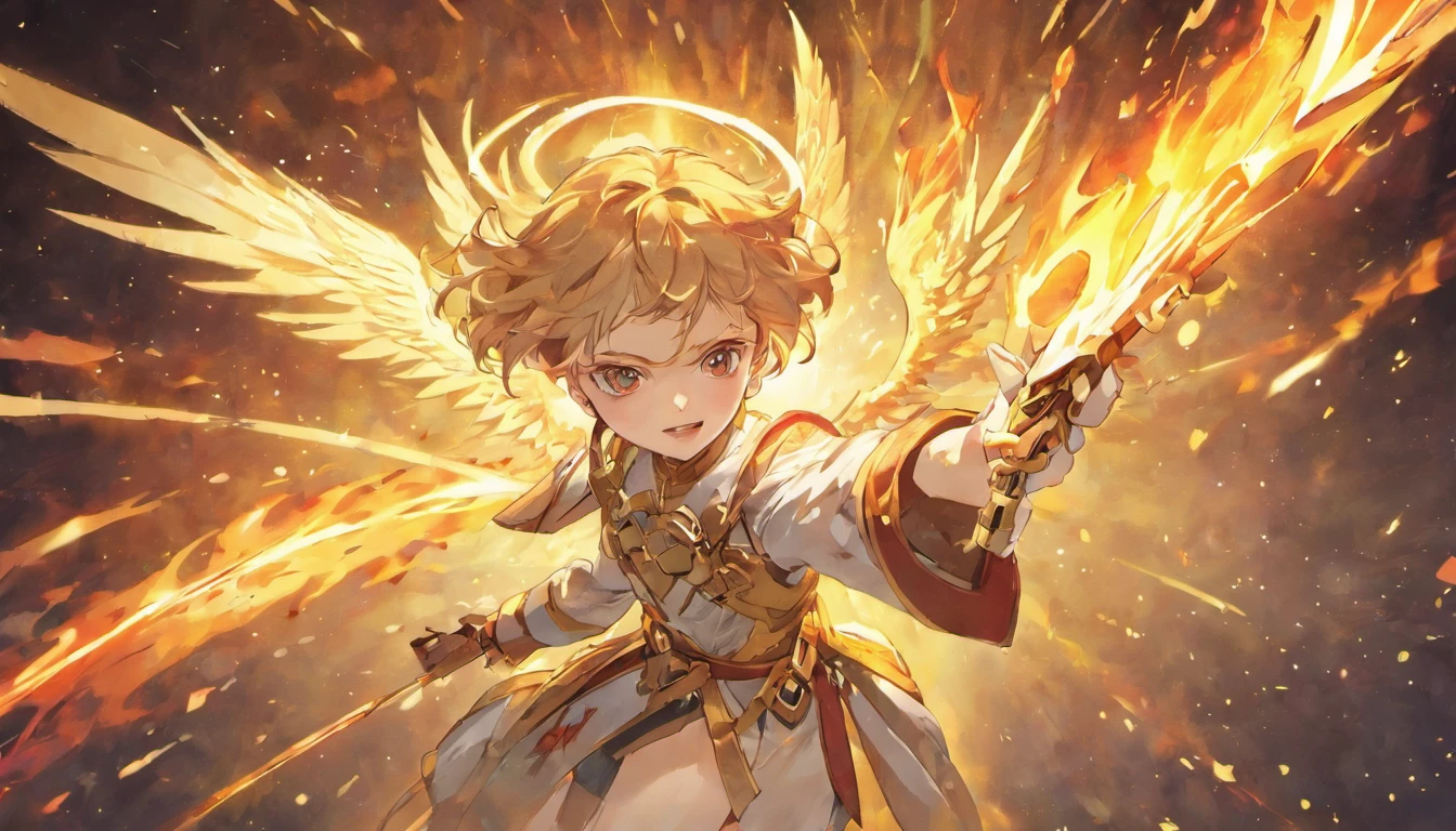 ((The Justice angel)),(take flame blade which reflect the dizzle light),burnning up in fire,equiped with golden armer,((eyes shinning gold beam)),background in holy beaming from the heaven,((illustration style)),official art,epic storry