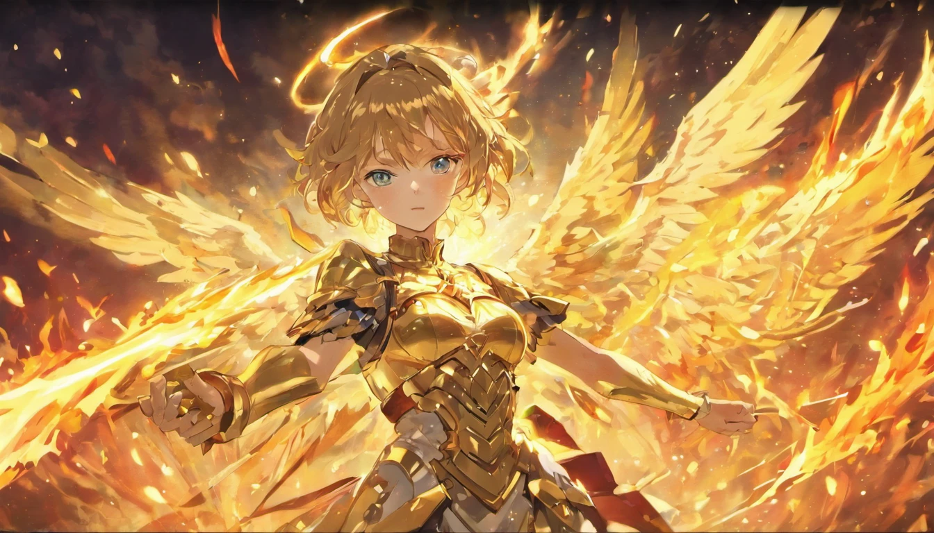 ((The Justice angel)),(take flame blade which reflect the dizzle light),burnning up in fire,equiped with golden armer,((eyes shinning gold beam)),background in holy beaming from the heaven,((illustration style)),official art,epic storry