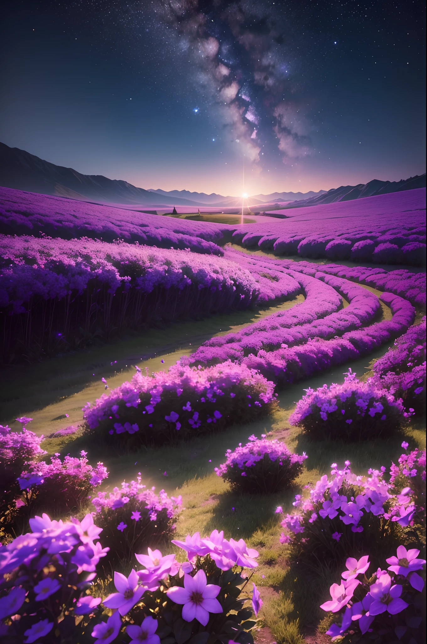 A beautiful darkish night,sky filled with stars, beautiful purple colour flower field,landscape, ultra realistic 8k quality,