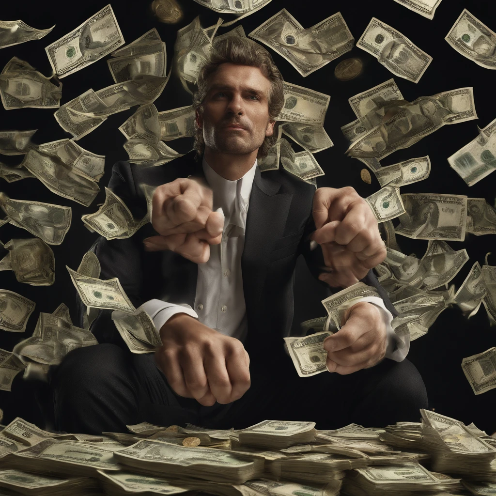 Handsome rich man,A pile of banknotes and coins in front of him, Real Photographics, Intense expression, Determined eyes, hold fists, Sweat dripped down his face, Ruffled suit, Crumbling dollar bills, Realism. (Best quality, A high resolution, Ultra-detailed), (Realistic:1.37), professional, Vivid colors.