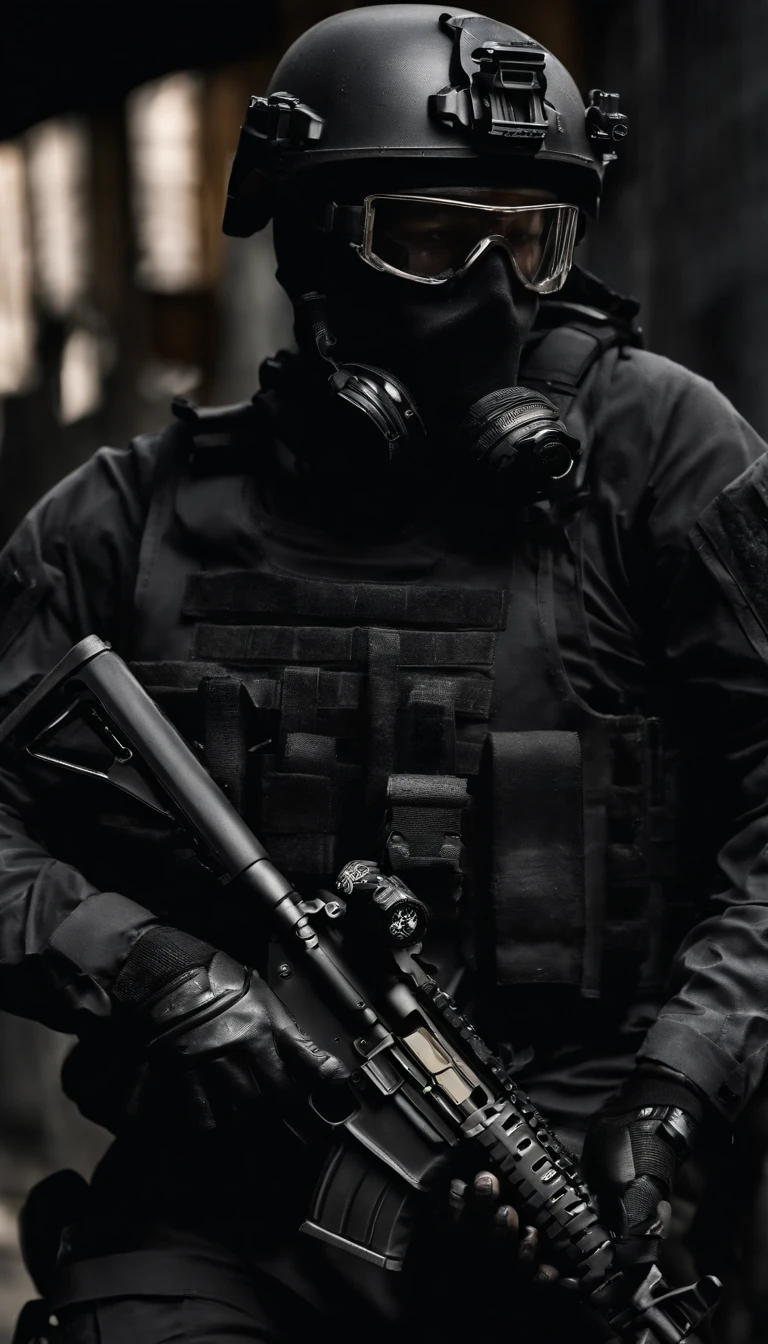 (Best quality,4K,8K,A high resolution,Masterpiece:1.2),Ultra-detailed,(Realistic,Photorealistic,photo-realistic:1.37), One of them wore a black SWAT uniform，Man in black helmet, A man in a black mask holds a gun, Air rifle CQB, French Special Operations, realistic soldiers, Soldiers in tactical equipment, tactical gear, cinematic —ar 16:9, realistic military equipment, Tactical armor, Black tactical equipment, combat outfit, Futuristic soldier costume, special forces security(Best quality,4K,8K,A high resolution,Masterpiece:1.2),Ultra-detailed,(Realistic,Photorealistic,photo-realistic:1.37), One of them wore a black SWAT uniform，Man in black helmet, A man wearing a black skull mask holds a gun, assault rifle，CQB, French Special Operations, realistic soldiers, Soldiers in tactical equipment, tactical gear, cinematic —ar 16:9, realistic military equipment, Tactical armor, Black tactical equipment, combat outfit, Futuristic soldier costume, special forces security，FBI official，Zombie crisis，Zombie background，There was chaos，Police shoot at zombies