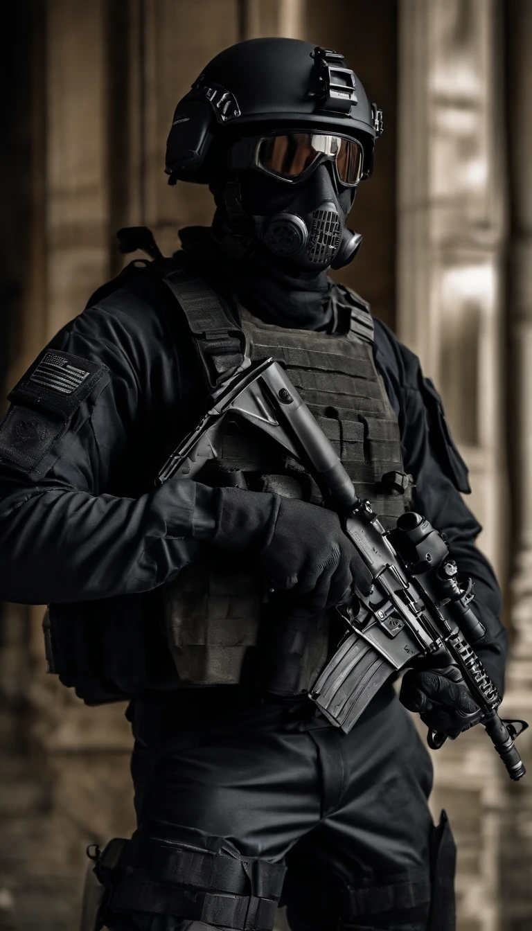 (Best quality,4K,8K,A high resolution,Masterpiece:1.2),Ultra-detailed,(Realistic,Photorealistic,photo-realistic:1.37), One of them wore a black SWAT uniform,Man in black helmet, A man in a black mask holds a gun, Air rifle CQB, French Special Operations, realistic soldiers, Soldiers in tactical equipment, tactical gear, cinematic —ar 16:9, realistic military equipment, Tactical armor, Black tactical equipment, combat outfit, Futuristic soldier costume, special forces security(Best quality,4K,8K,A high resolution,Masterpiece:1.2),Ultra-detailed,(Realistic,Photorealistic,photo-realistic:1.37), One of them wore a black SWAT uniform,Man in black helmet, A man wearing a black skull mask holds a gun, assault rifle,CQB, French Special Operations, realistic soldiers, Soldiers in tactical equipment, tactical gear, cinematic —ar 16:9, realistic military equipment, Tactical armor, Black tactical equipment, combat outfit, Futuristic soldier costume, special forces security,FBI official,Zombie crisis,Zombie background,There was chaos,Police shoot at zombies