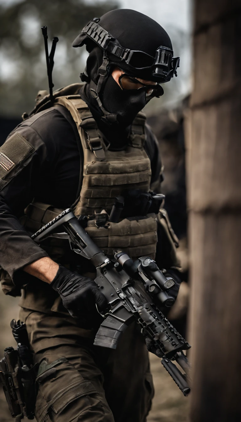 (Best quality,4K,8K,A high resolution,Masterpiece:1.2),Ultra-detailed,(Realistic,Photorealistic,photo-realistic:1.37), One of them was wearing a black SWAT uniform，Man in black helmet, A man in a black mask holds a gun, Air rifle CQB, French Special Operations, realistic soldiers, Soldiers in tactical equipment, tactical gear, cinematic —ar 16:9, realistic military equipment, Tactical armor, Black tactical equipment, combat outfit, Futuristic soldier costume, special forces security