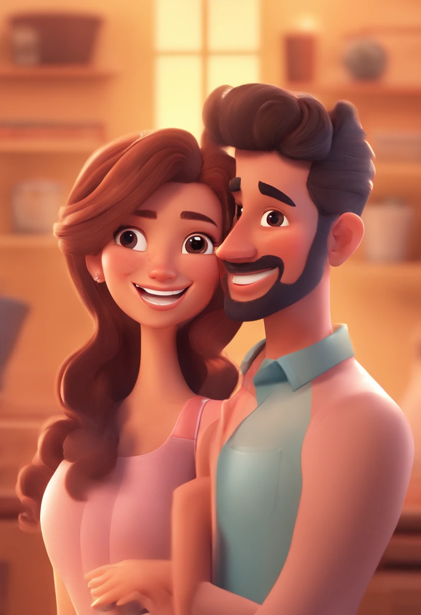 An illustration of an adorable couple, Highlight for a chubby mulatto man with glasses smiling and a brunette woman with beautiful expressive eyes - the man's skin is mulatto and the man's hair haswhile the woman's skin is black and the woman's hair is straight and brown. They are a bright room, cada um com um sorriso no rosto, e compartilhar um momento especial caracterizado pelo amor, Insights. Illustrate this scene from a perspective where they are facing the camera, Smiling and Showing Your Connection. Desenvolva esta arte em Full HD, Focus on your cinematic touch, Estilo Disney Pixar Animations