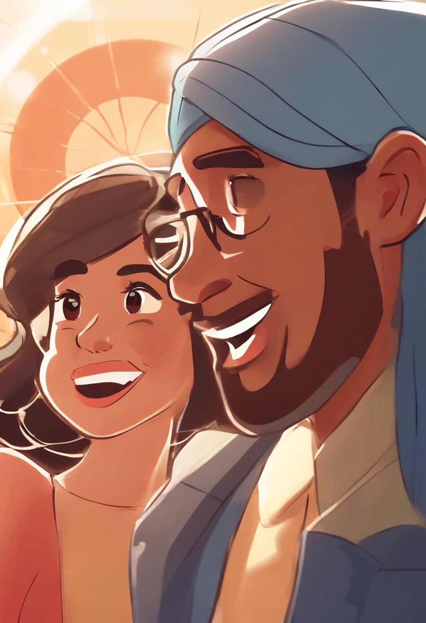 An illustration of an adorable couple, Highlight for a chubby mulatto man with glasses smiling and a brunette woman with beautiful expressive eyes - the man's skin is mulatto and the man's hair haswhile the woman's skin is black and the woman's hair is straight and brown. They are a bright room, cada um com um sorriso no rosto, e compartilhar um momento especial caracterizado pelo amor, Insights. Illustrate this scene from a perspective where they are facing the camera, Smiling and Showing Your Connection. Desenvolva esta arte em Full HD, Focus on your cinematic touch, Estilo Disney Pixar Animations