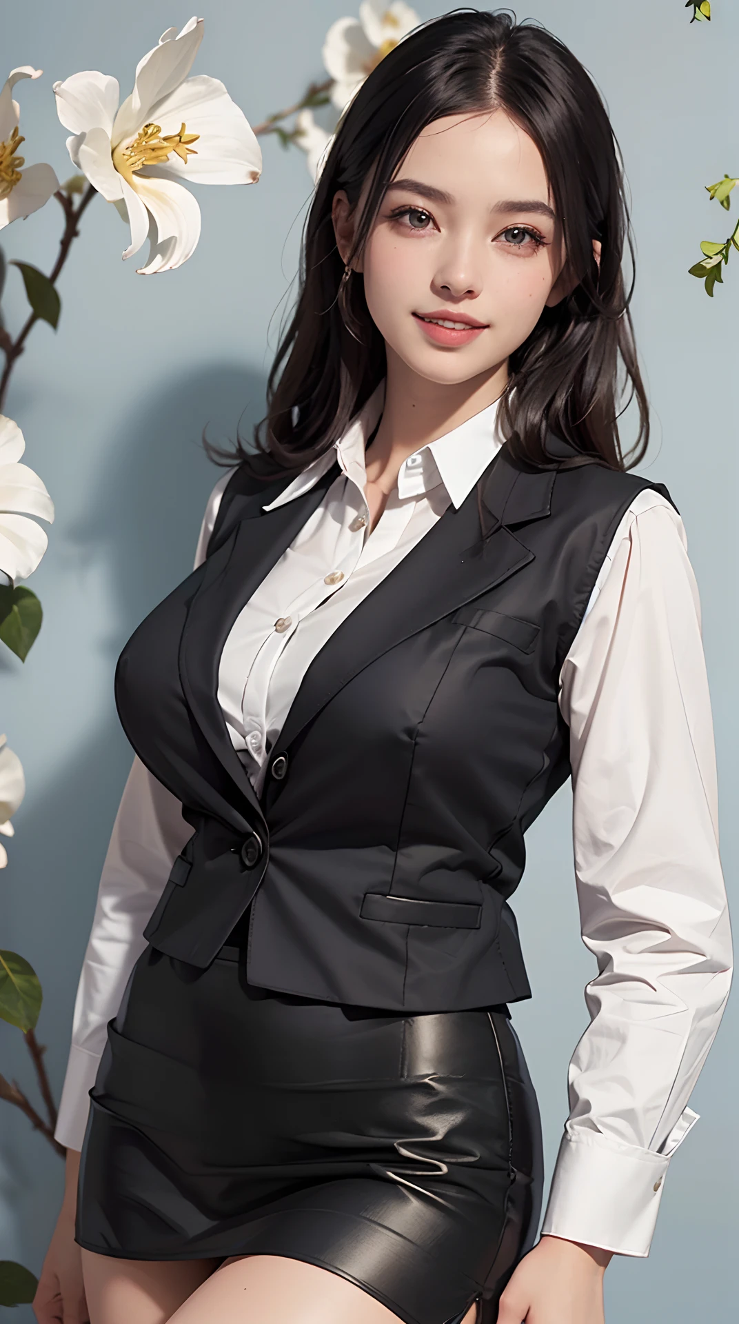 (best quality, 4k, 8k, high-res, masterpiece:1.2), ultra-detailed, (realistic, photorealistic, photo-realistic:1.37), (beautiful detailed eyes, beautiful detailed lips, extremely detailed eyes and face), studio lighting, physically-based rendering, vivid colors, (big tits, super big tits, super extra big tits), ((waist)), (black color, business tight mini skirt suit, business shirt:1.5), (flower print pattern vest:1.2), (portrait, smile and laugh), (plain colored cloth background:1.5),