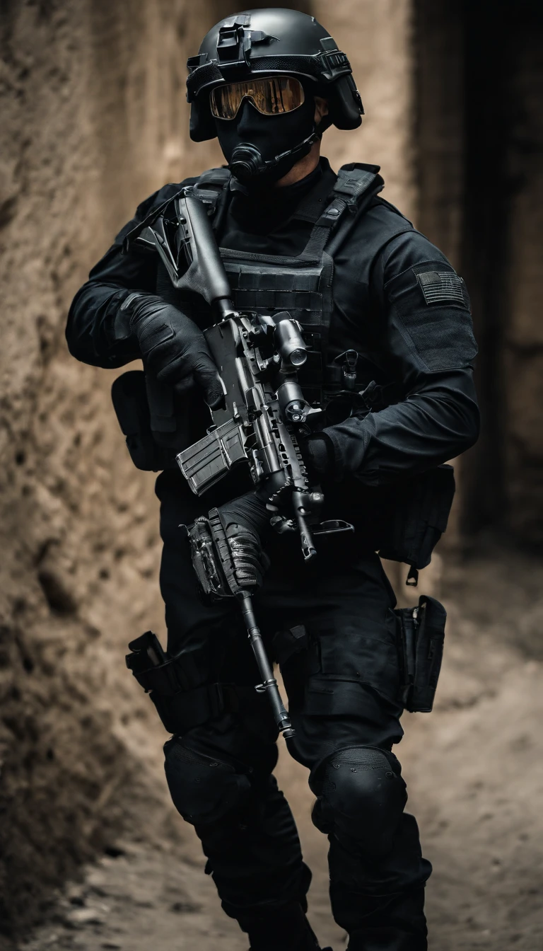 (Best quality,4K,8K,A high resolution,Masterpiece:1.2),Ultra-detailed,(Realistic,Photorealistic,photo-realistic:1.37), One of them wore a black SWAT uniform，Man in black helmet, A man in a black mask holds a gun, Air rifle CQB, French Special Operations, realistic soldiers, Soldiers in tactical equipment, tactical gear, cinematic —ar 16:9, realistic military equipment, Tactical armor, Black tactical equipment, combat outfit, Futuristic soldier costume, special forces security(Best quality,4K,8K,A high resolution,Masterpiece:1.2),Ultra-detailed,(Realistic,Photorealistic,photo-realistic:1.37), One of them wore a black SWAT uniform，Man in black helmet, A man wearing a black skull mask holds a gun, assault rifle，CQB, French Special Operations, realistic soldiers, Soldiers in tactical equipment, tactical gear, cinematic —ar 16:9, realistic military equipment, Tactical armor, Black tactical equipment, combat outfit, Futuristic soldier costume, special forces security，FBI official，Zombie crisis，Zombie background，There was chaos，Police shoot at zombies