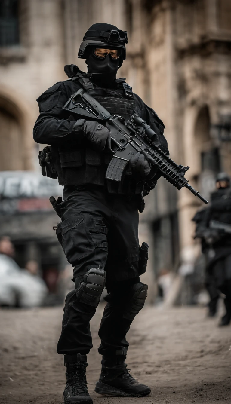 (Best quality,4K,8K,A high resolution,Masterpiece:1.2),Ultra-detailed,(Realistic,Photorealistic,photo-realistic:1.37), One of them wore a black SWAT uniform，Man in black helmet, A man in a black mask holds a gun, Air rifle CQB, French Special Operations, realistic soldiers, Soldiers in tactical equipment, tactical gear, cinematic —ar 16:9, realistic military equipment, Tactical armor, Black tactical equipment, combat outfit, Futuristic soldier costume, special forces security(Best quality,4K,8K,A high resolution,Masterpiece:1.2),Ultra-detailed,(Realistic,Photorealistic,photo-realistic:1.37), One of them wore a black SWAT uniform，Man in black helmet, A man wearing a black skull mask holds a gun, assault rifle，CQB, French Special Operations, realistic soldiers, Soldiers in tactical equipment, tactical gear, cinematic —ar 16:9, realistic military equipment, Tactical armor, Black tactical equipment, combat outfit, Futuristic soldier costume, special forces security，FBI official，Zombie crisis，Zombie background，There was chaos，Police shoot at zombies