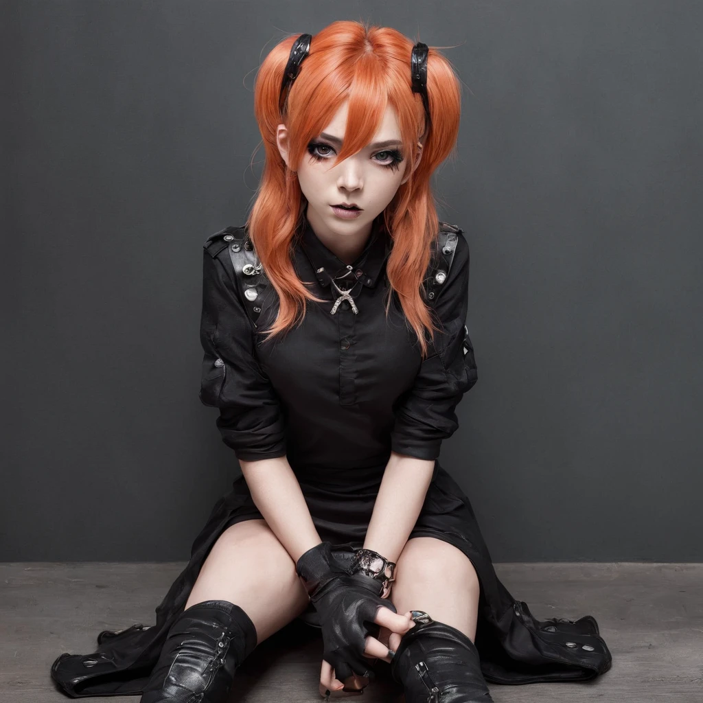 1boy, punk, punk boy, black clothes, black footwear, black gloves, blush, boots, collar, ear piercing, elbow gloves, emo, emo boy, femboy, fingerless gloves, legwear, fishnets, goth, goth boy, hair between eyes, jewelry, knee boots, long hair, looking at viewer, male, male only, necklace, open mouth, pointy ears, orange hair, black eyes, sharp teeth, very long hair, sitting, solo, spiked collar, teeth, thick eyebrows, thighhighs, tongue, tongue out, trap