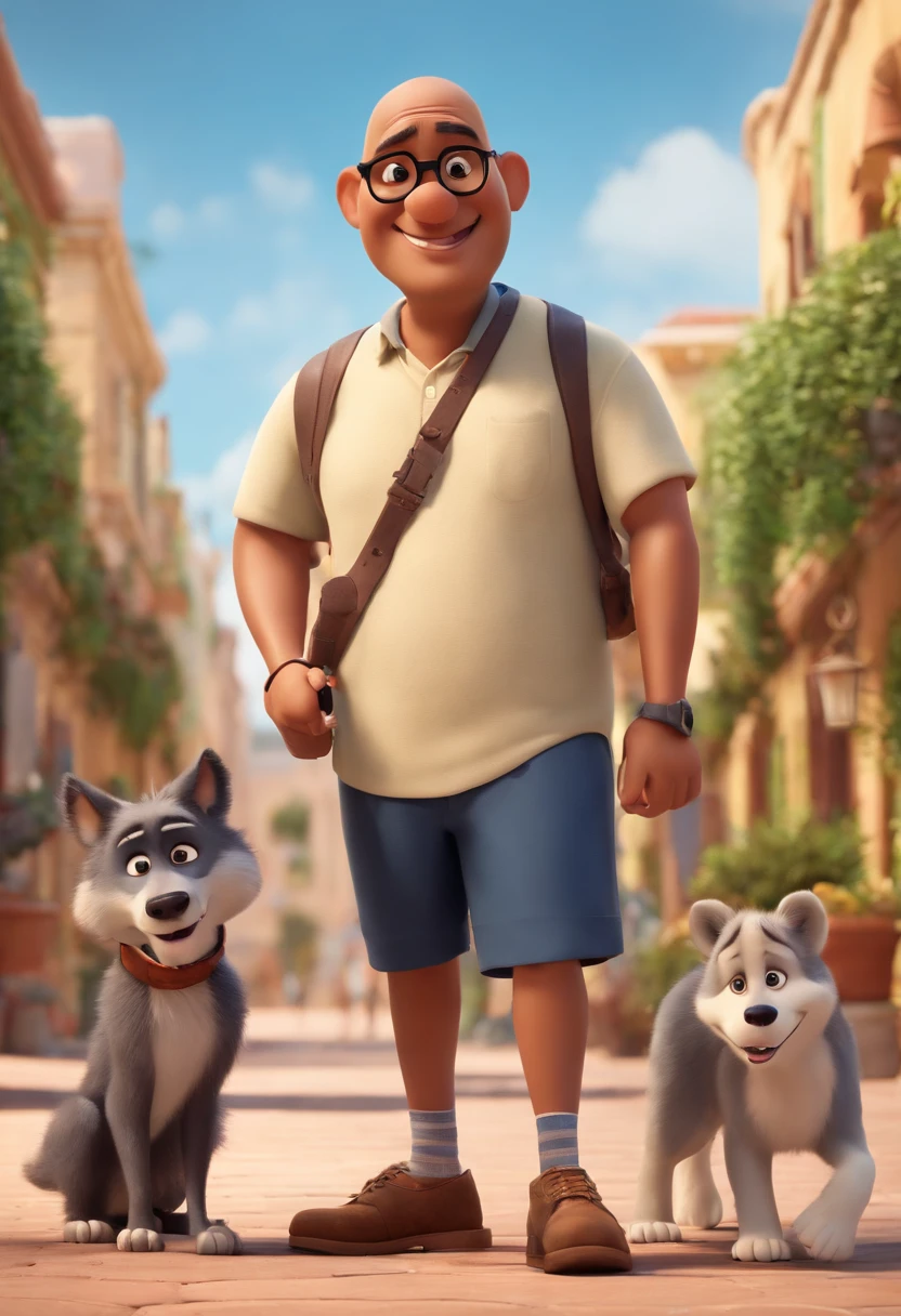 Disney-inspired Pixar 3D capturing a scene with a man with his 35 years of mixed-race ethnicity, completely bald and smooth face, usando camiseta, Bermuda shorts and an aviator-style pair of glasses, passeando na rua com seu lobo adulto de pelo todo branco e olhos azuis. He's excitedly petting his wolf, mostrando a sua felicidade.