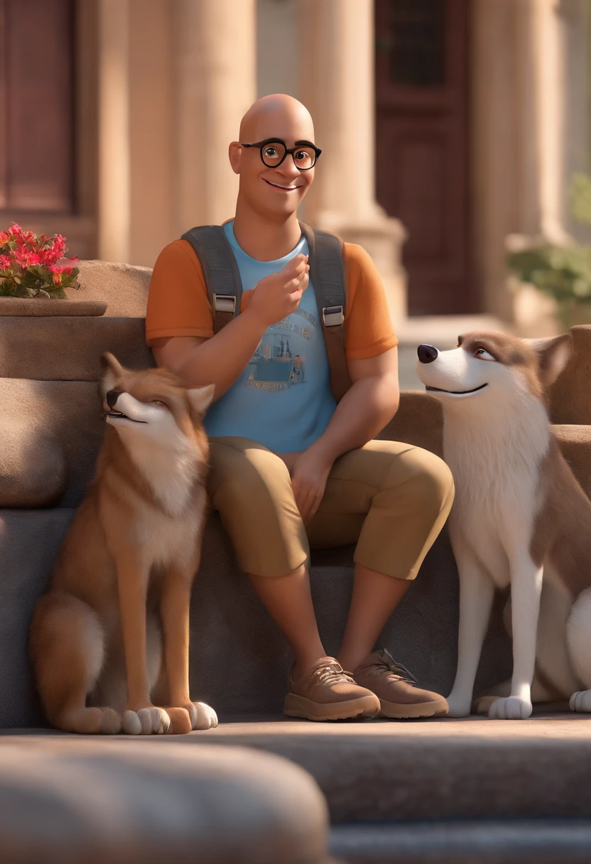 Disney-inspired Pixar 3D capturing a scene with a man with his 35 years of mixed-race ethnicity, completely bald and smooth face, usando camiseta, Bermuda shorts and an aviator-style pair of glasses, passeando na rua com seu lobo adulto de pelo todo branco e olhos azuis. He's excitedly petting his wolf, mostrando a sua felicidade.